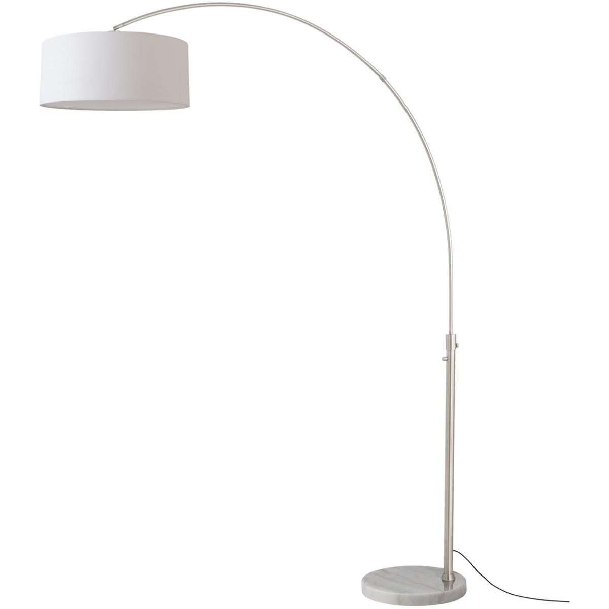 2110822WH 92 in. Float 1-Light Arc Lamp with Drum White Linen Shade - Satin Nickel Steel Body - White Marble Base - Column Stem Switch