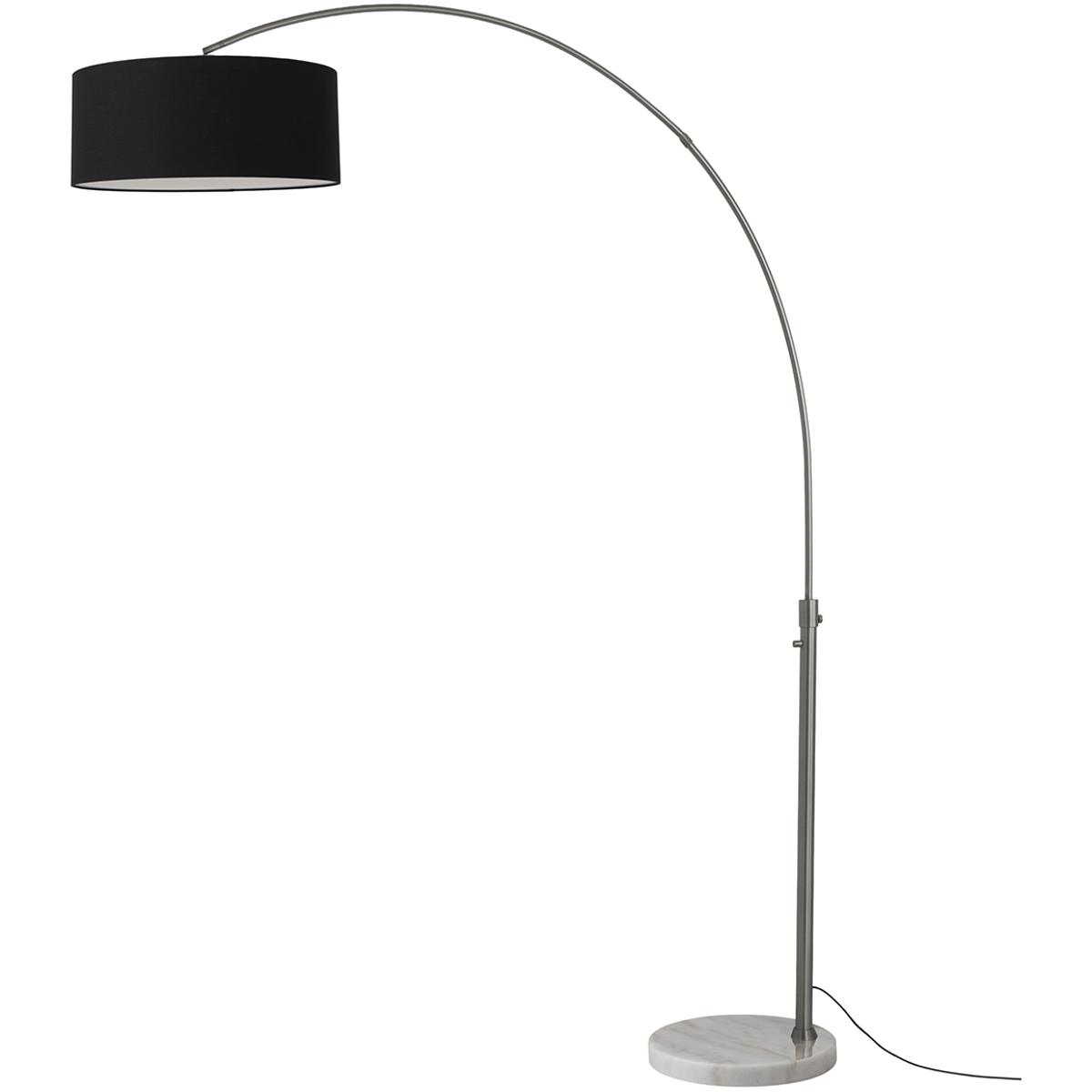 2110823BK 92 in. Float 1-Light Arc Lamp with Black Linen Shade - White Marble Base - Black Nickel - Dimmable for Living Room or Bedroom