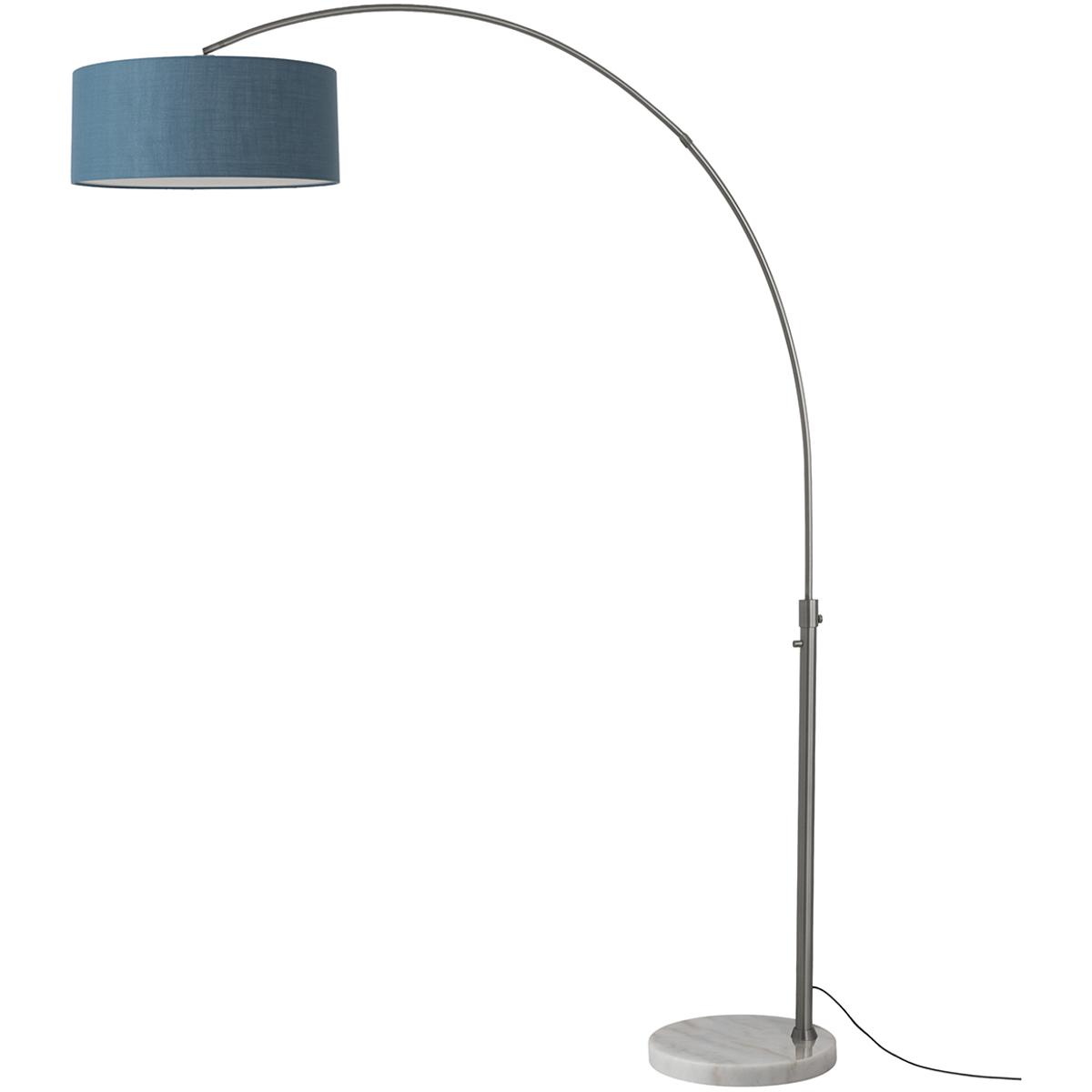 2110823BL 92 in. Float 1-Light Arc Lamp with Pool Blue Linen Shade - White Marble Base - Black Nickel - Dimmable for Living Room or Bedroom