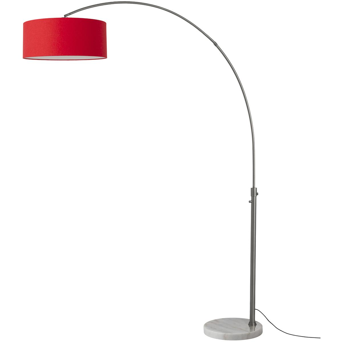 2110823CR 92 in. Float 1-Light Arc Lamp with Crimson Red Linen Shade - White Marble Base - Black Nickel - Dimmable for Living Room or Bedroom