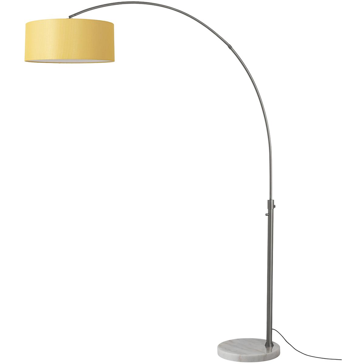 2110823MU 92 in. Float 1-Light Arc Lamp with Mustard Linen Shade - White Marble Base - Black Nickel - Dimmable for Living Room or Bedroom