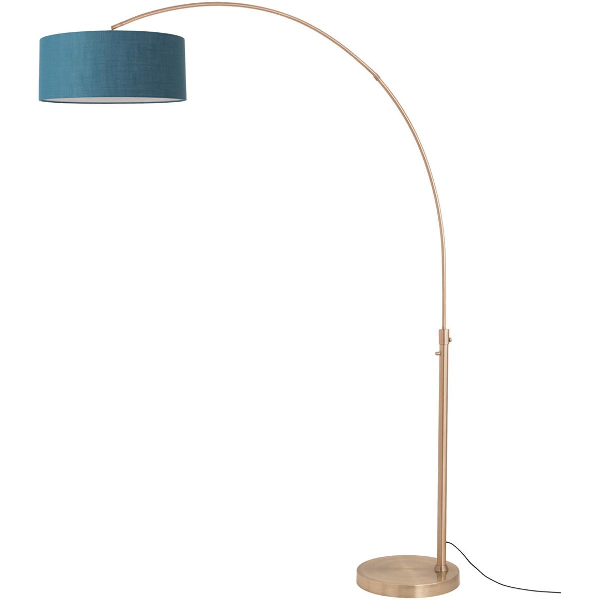 2110824BL 92 in. Float 1-Light Floor Arc Lamp for Living Room or Bedroom - Pool Blue Linen Shade - Weathered Brass Base & Body - Dimmable