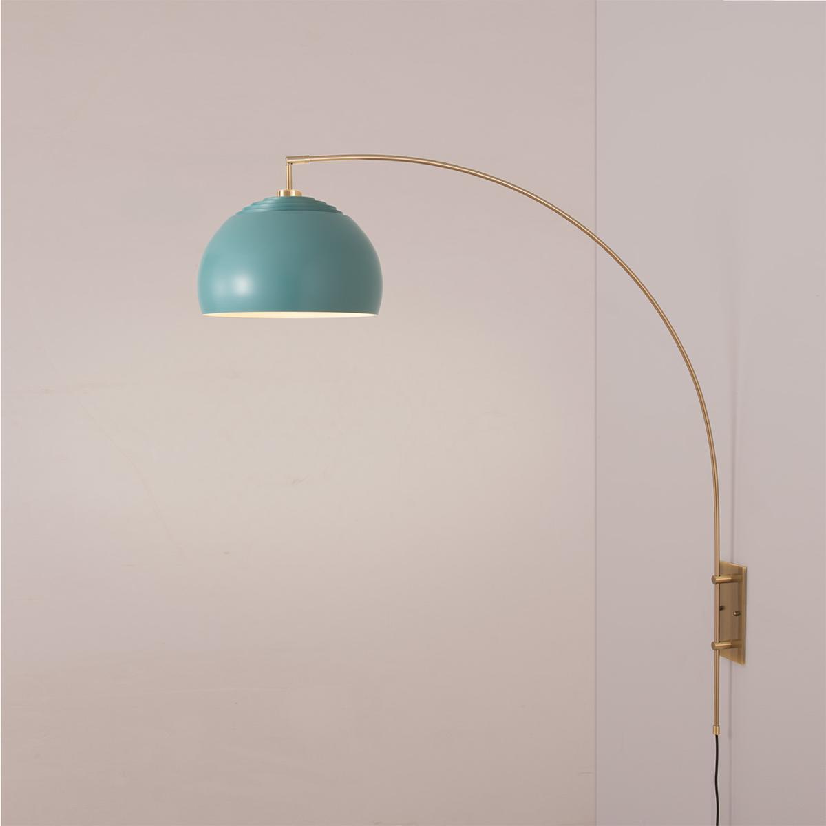 2113836BL Half Dome Wall Mounted Arc Lamp with 13 in. Pool Blue Steel Shade - Weathered Brass Body - Dimmable for Living Room or Bedroom