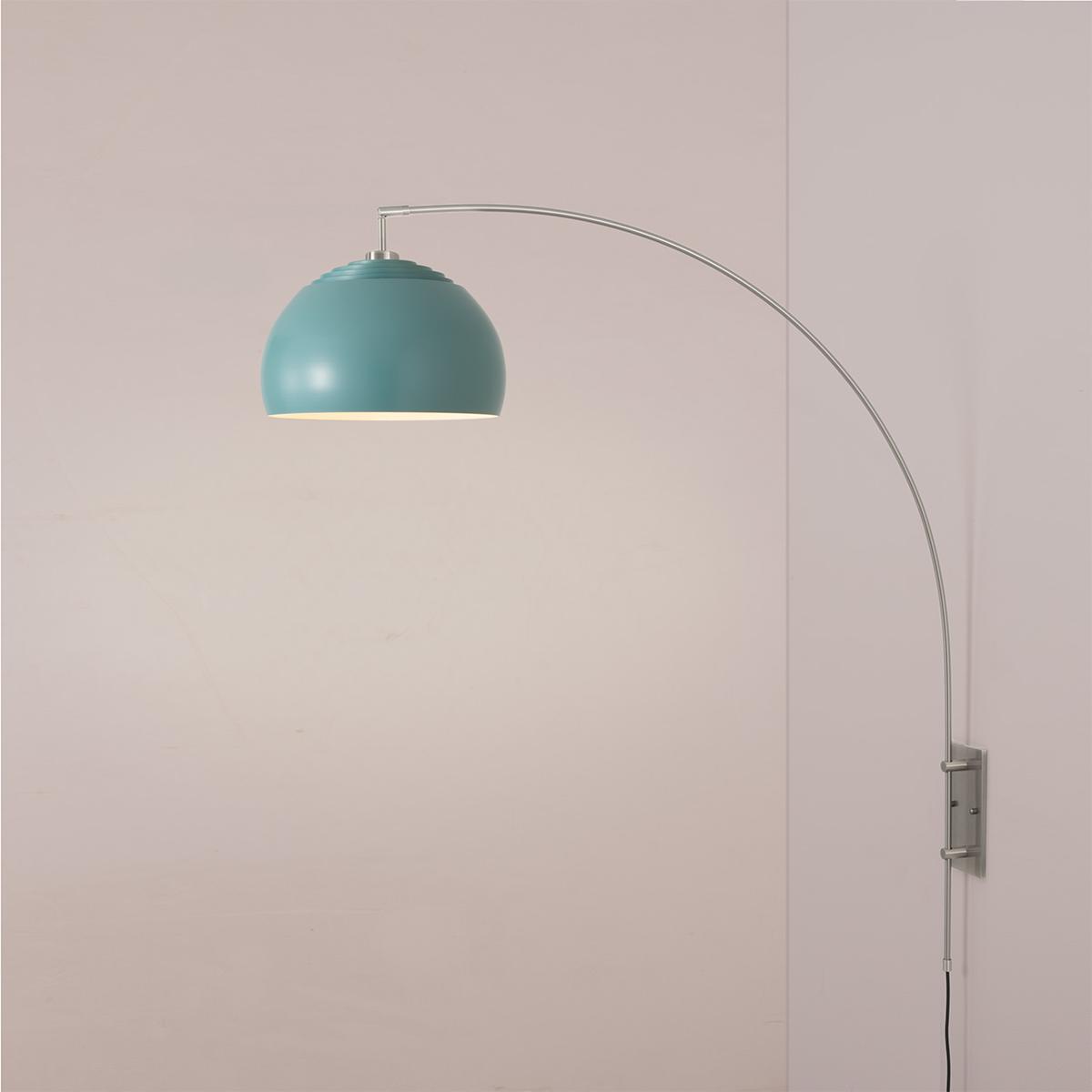 2113837BL Half Dome Wall Mounted Arc Lamp with Satin Nickel Steel Body & Base - Pool Blue Shade Floor Foot Slide Dimmer