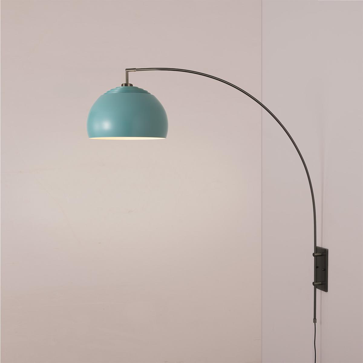 2113838BL Half Dome Wall Mounted Arc Lamp with Pool Blue Steel Shade - Black Nickel Steel Body & Base - Floor Foot Slide Dimmer