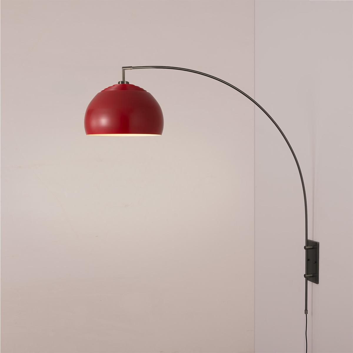 2113838CR Half Dome Wall Mounted Arc Lamp with Crimson Red Steel Shade - Black Nickel Steel Body & Base - Floor Foot Slide Dimmer