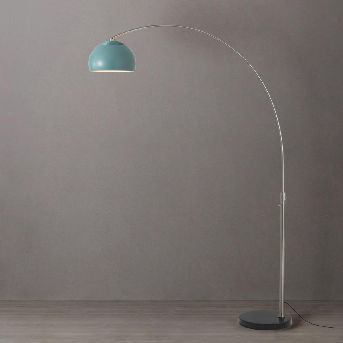 2113819BL 92 in. Float Half Dome 1-Light Arc Lamp with Pool Blue Steel Shade - Satin Nickel Steel Body - Black Marble Base - Column Stem Switch