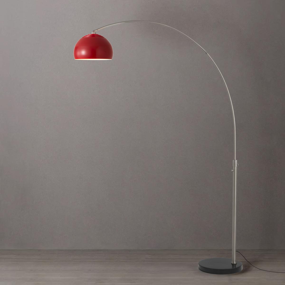 2113819CR 92 in. Float Half Dome 1-Light Arc Lamp with Crimson Red Steel Shade - Satin Nickel Steel Body - Black Marble Base - Column Stem Switch
