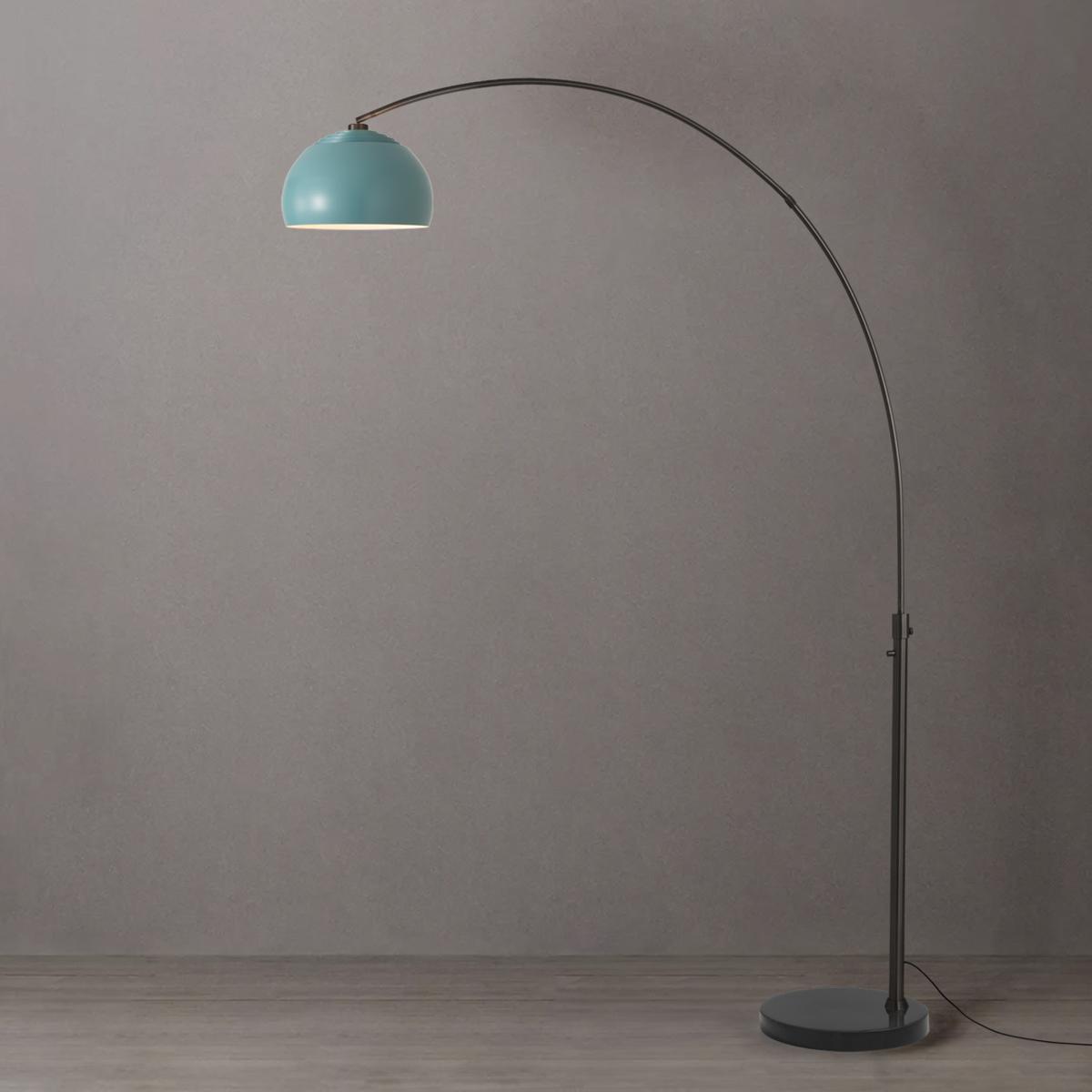 2113820BL 92 in. Float Half Dome 1-Light Arc Lamp with Pool Blue Steel Shade - Black Nickel Steel Body - Black Marble Base - Column Stem Switch