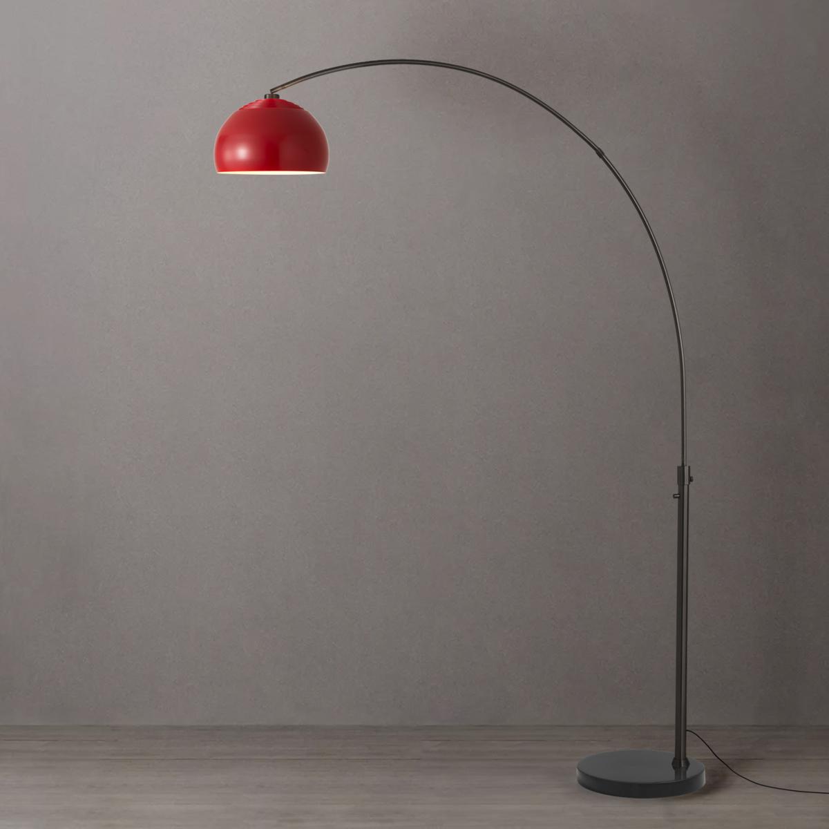 2113820CR 92 in. Float Half Dome 1-Light Arc Lamp with Crimson Red Steel Shade - Black Nickel Steel Body - Black Marble Base - Column Stem Switch