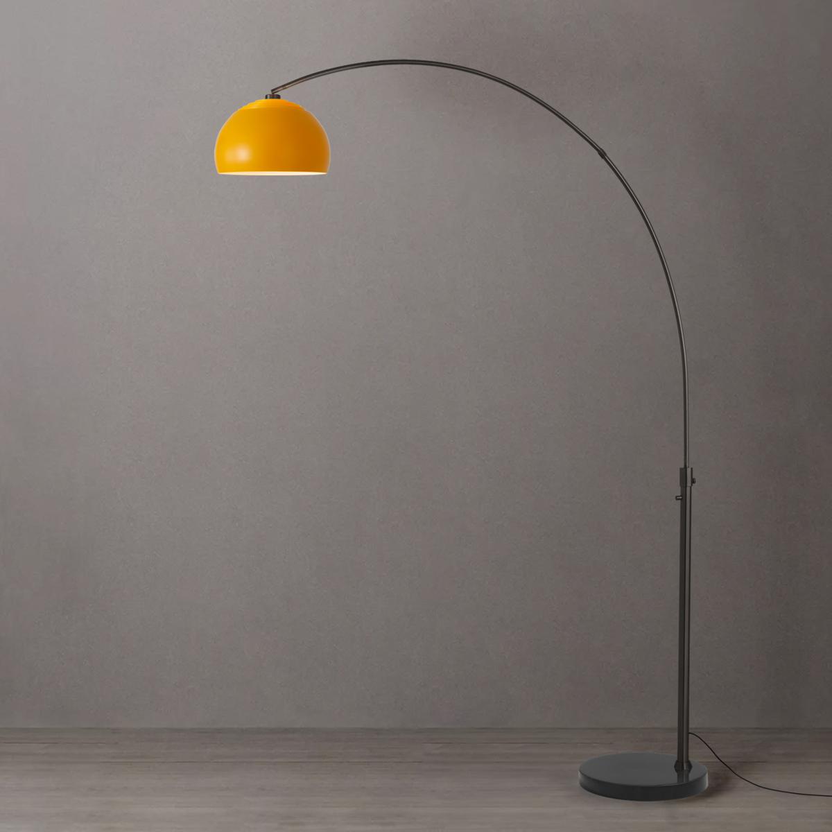 2113820MU 92 in. Float Half Dome 1-Light Arc Lamp with Mustard Steel Shade - Black Nickel Steel Body - Black Marble Base - Column Stem Switch