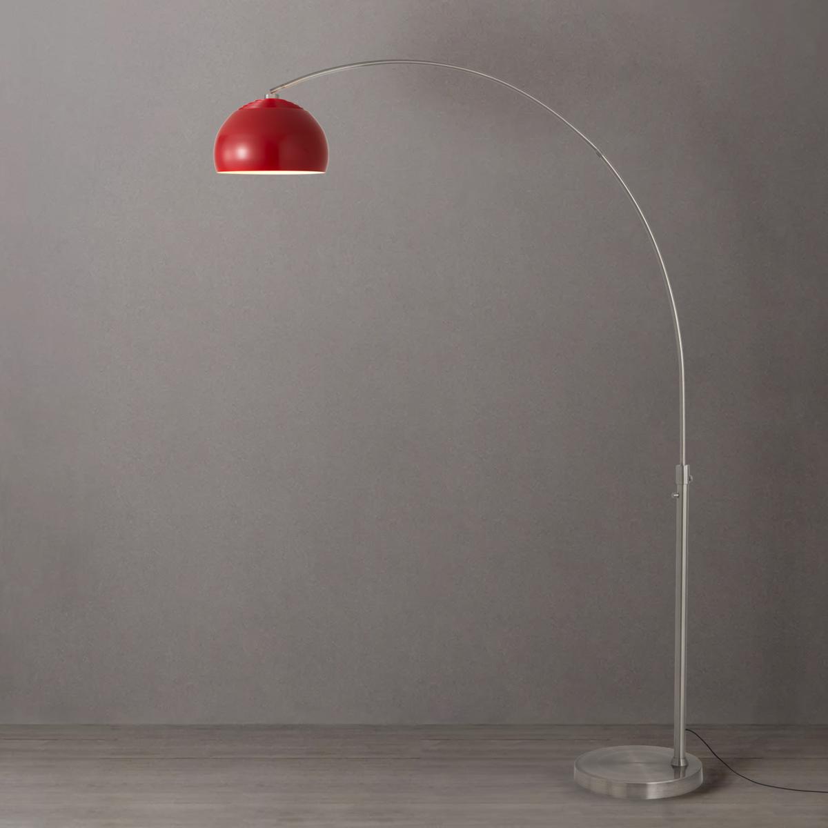 2113825CR 92 in. Float Half Dome 1-Light Arc Lamp with Crimson Red Steel Shade - Satin Nickel Steel Body & Base - Column Stem Switch