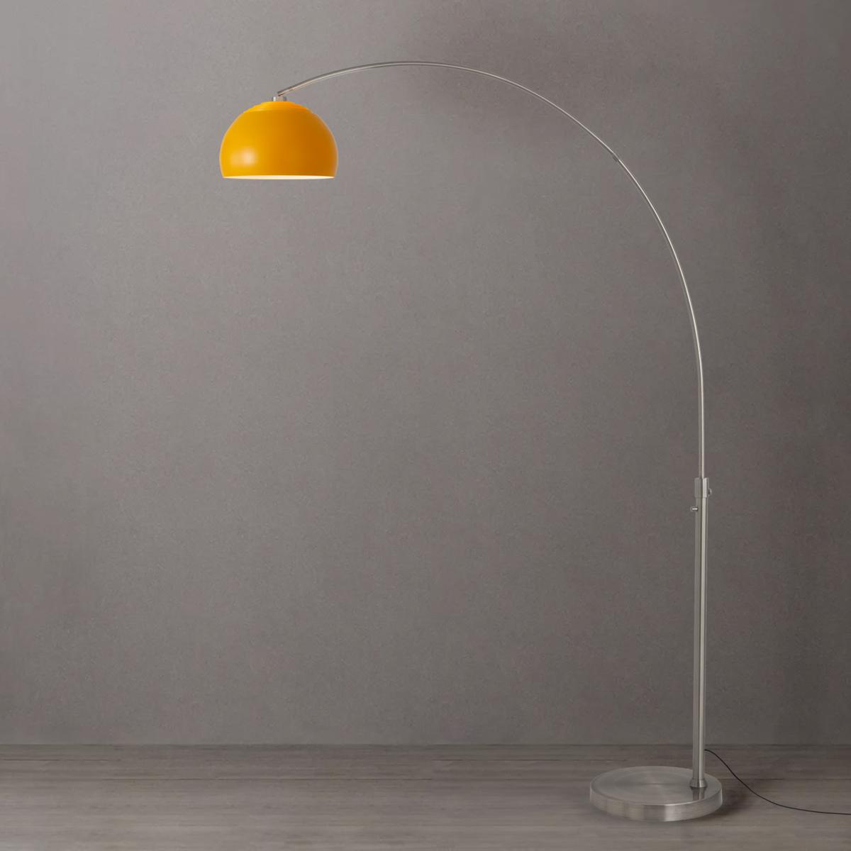 2113825MU 92 in. Float Half Dome 1-Light Arc Lamp with Mustard Steel Shade - Satin Nickel Steel Body & Base - Column Stem Switch