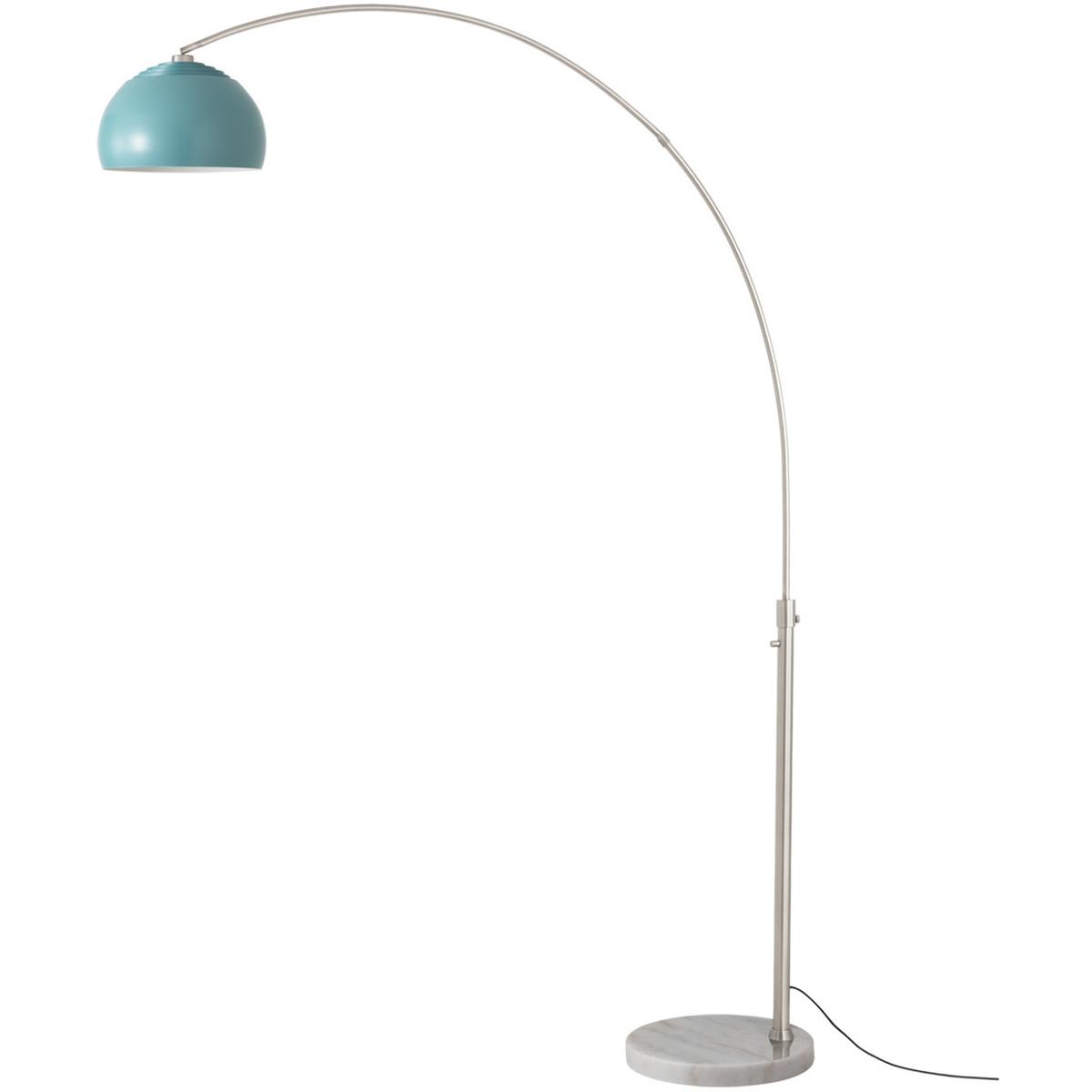 2113822BL 92 in. Float Half Dome 1-Light Arc Lamp with Pool Blue Steel Shade - Satin Nickel Steel Body - White Marble Base - Column Stem Switch