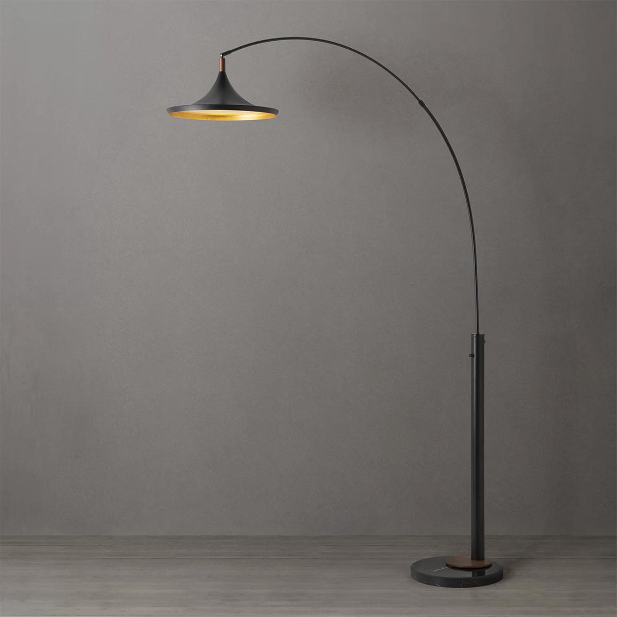 2110500MB 92 in. Lodi 1-Light Arc Floor Lamp - Gold Leaf - Marble Base - Dimmer Switch, Matte Black & Walnut