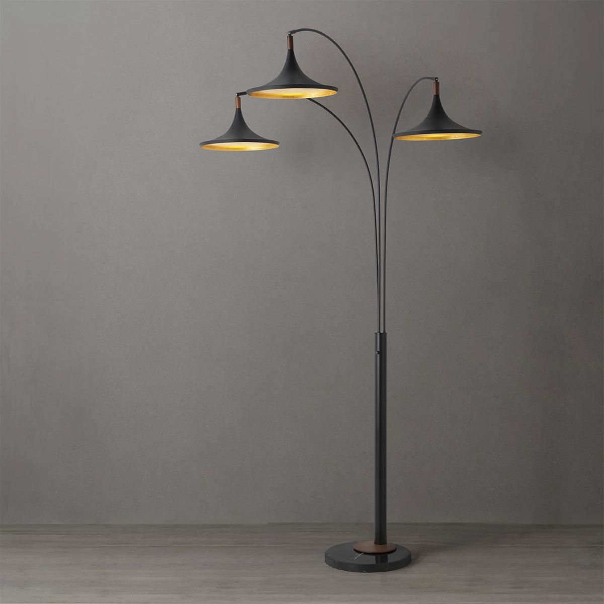 2310500MB 92 in. Lodi 3-Light Arc Floor Lamp - Gold Leaf - Marble Base - Dimmer Switch, Matte Black & Walnut
