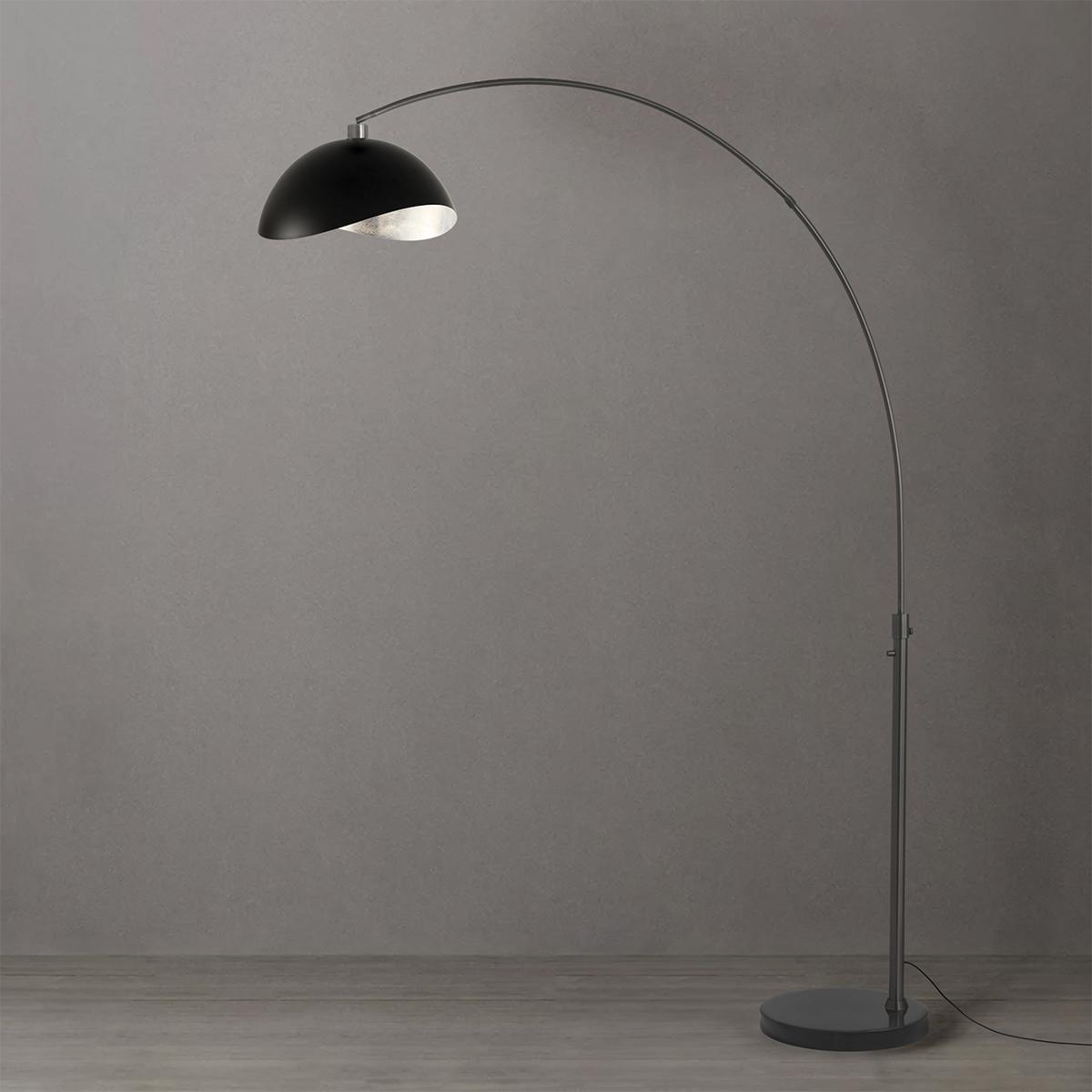 92 in. Float Luna Bella 1-Light Arc Lamp with Matte Black & Silver Steel Shade - Black Nickel Steel Body - Black Marble Base - Column Stem Switch