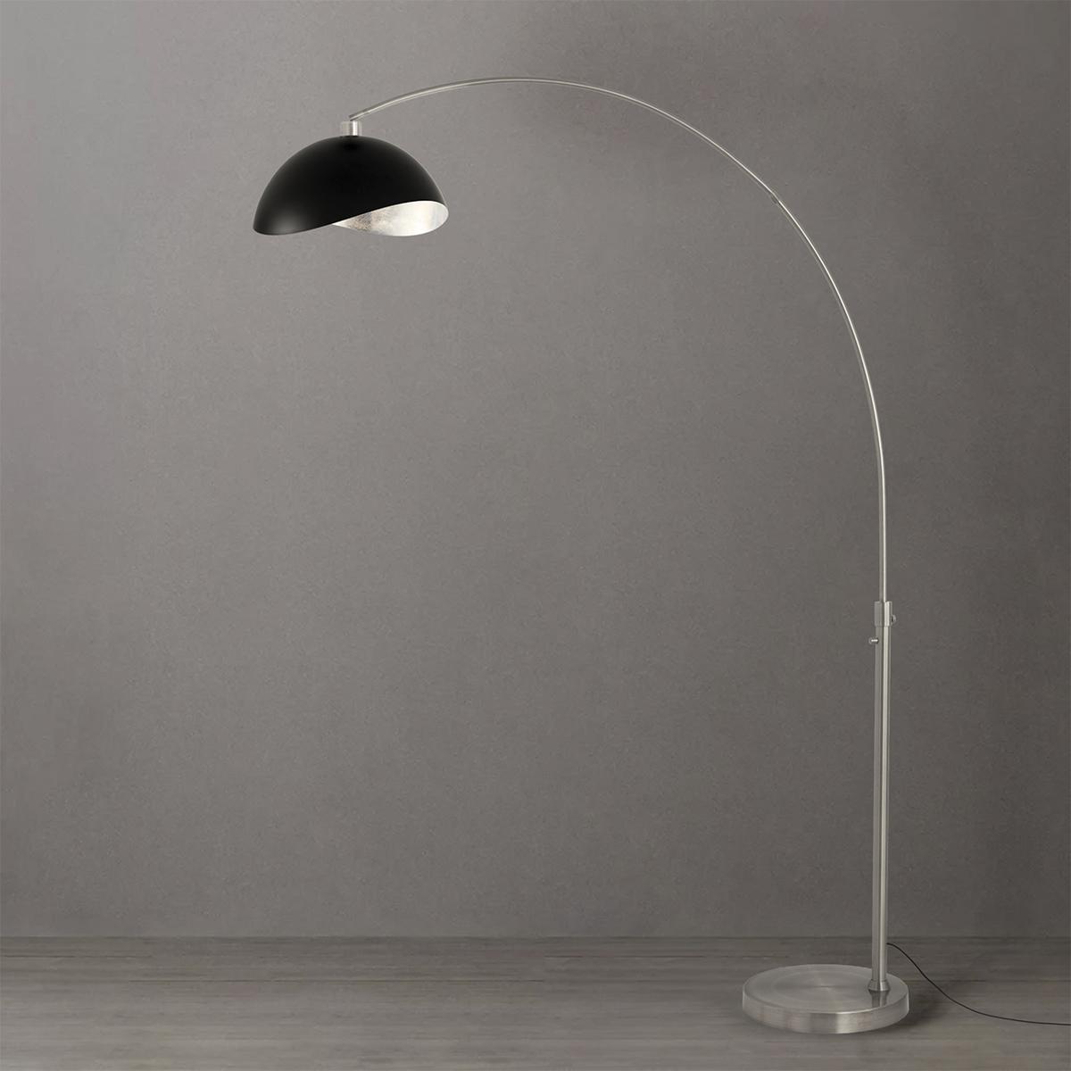 2114825MS 92 in. Float Luna Bella 1-Light Arc Lamp with Matte Black & Silver Steel Shade - Satin Nickel Steel Body & Base - Column Stem Switch