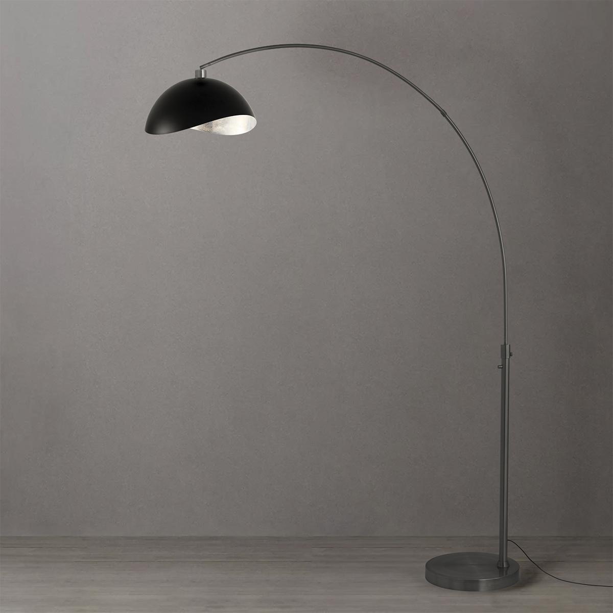 2114826MS 92 in. Float Luna Bella 1-Light Arc Lamp with Matte Black & Silver Steel Shade - Black Nickel Steel Body & Base - Column Stem Switch
