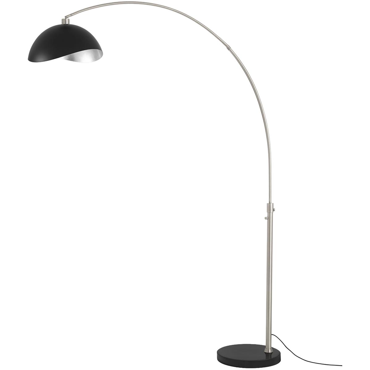92 in. Float Luna Bella 1-Light Arc Lamp with Matte Black & Silver Steel Shade - Satin Nickel Steel Body - Black Marble Base - Column Stem Switch