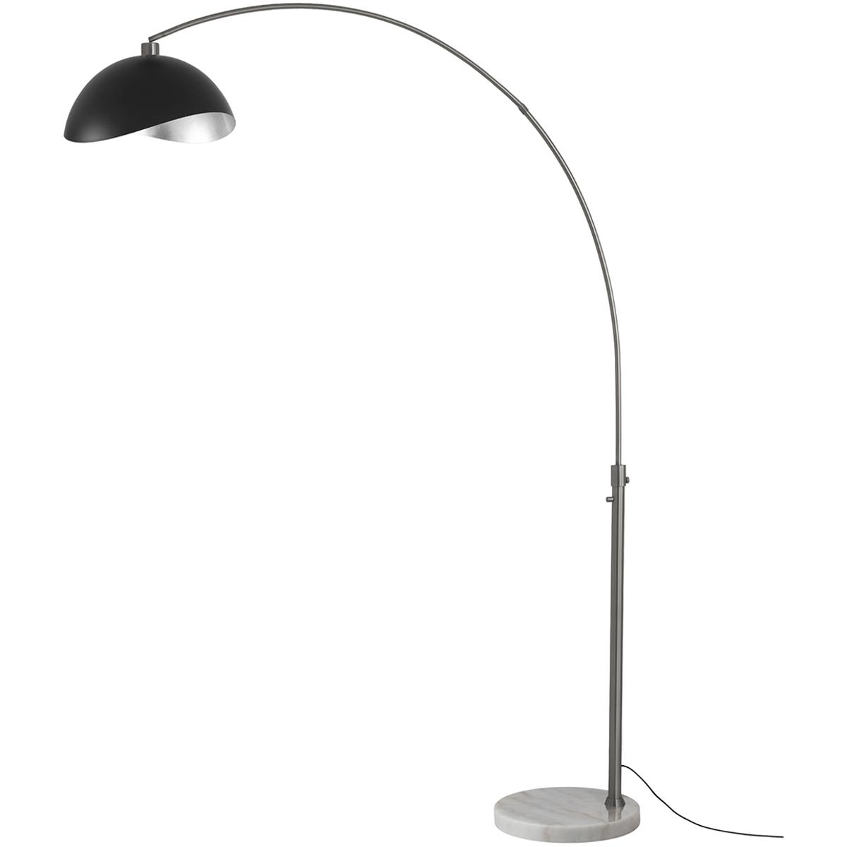 92 in. Float Luna Bella 1-Light Arc Lamp with Matte Black & Silver Steel Shade - Black Nickel Steel Body - White Marble Base - Column Stem Switch