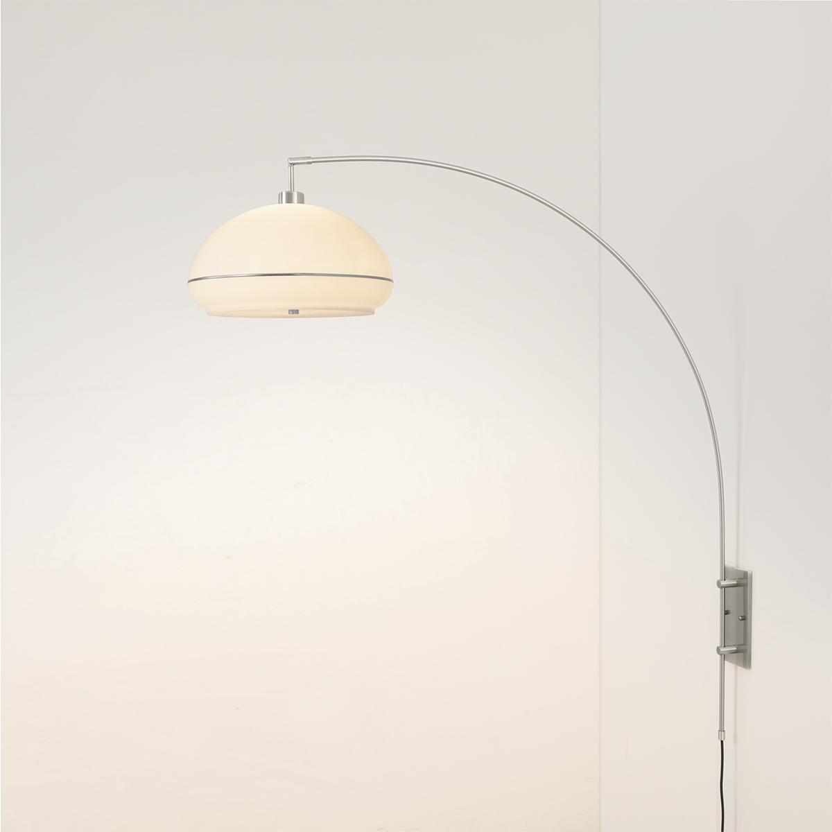 2115836SN Morelli Wall Mounted Arc Lamp with Drum White Lucite Shade - Weathered Brass Steel Body - Satin Nickel Steel Base - Floor Foot Slide Dimmer