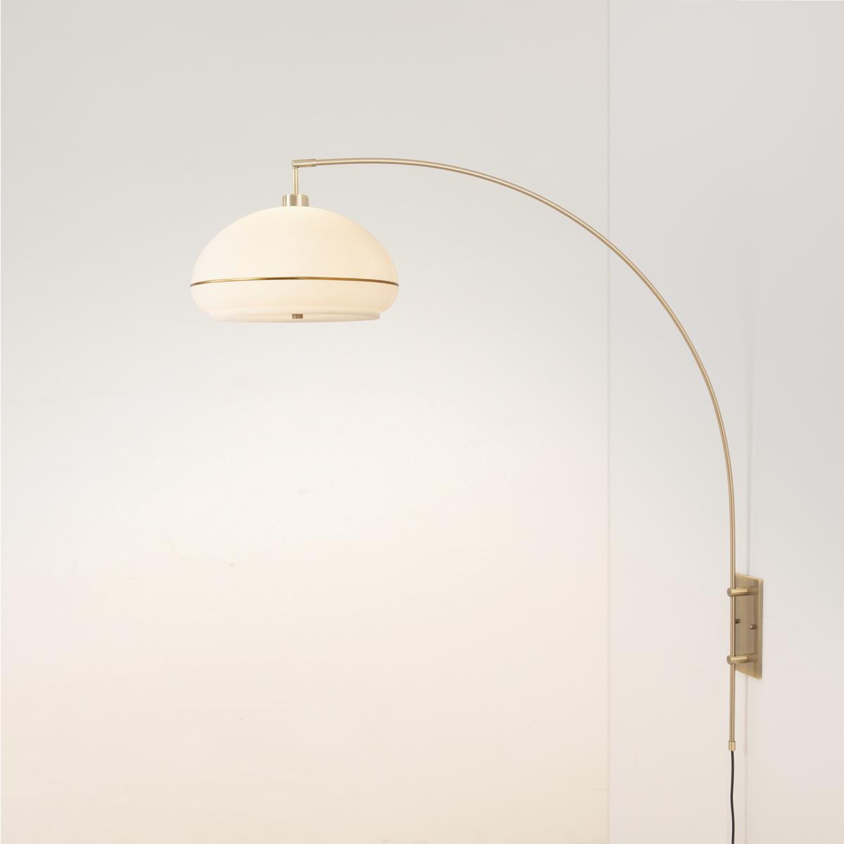 2115836WB Morelli Wall Mounted Arc Lamp with Drum White Lucite Shade - Weathered Brass Steel Body - Brass Steel Base - Floor Foot Slide Dimmer