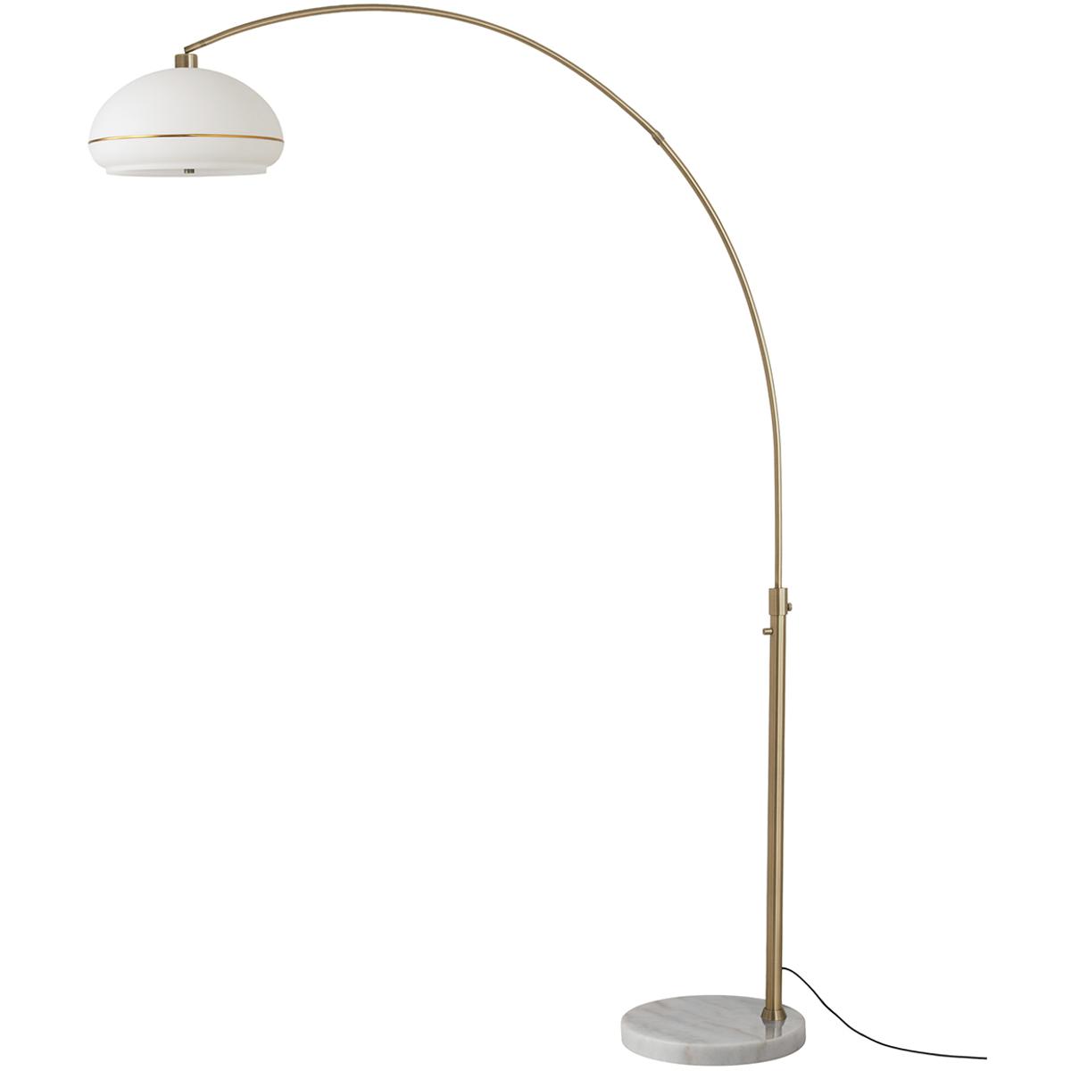 92 in. Simple Morelli 1-Light Floor Arc Lamp - Oval White Lucite Shade - Weathered Brass Lucite Body - White Marble Base - Column Stem Switch