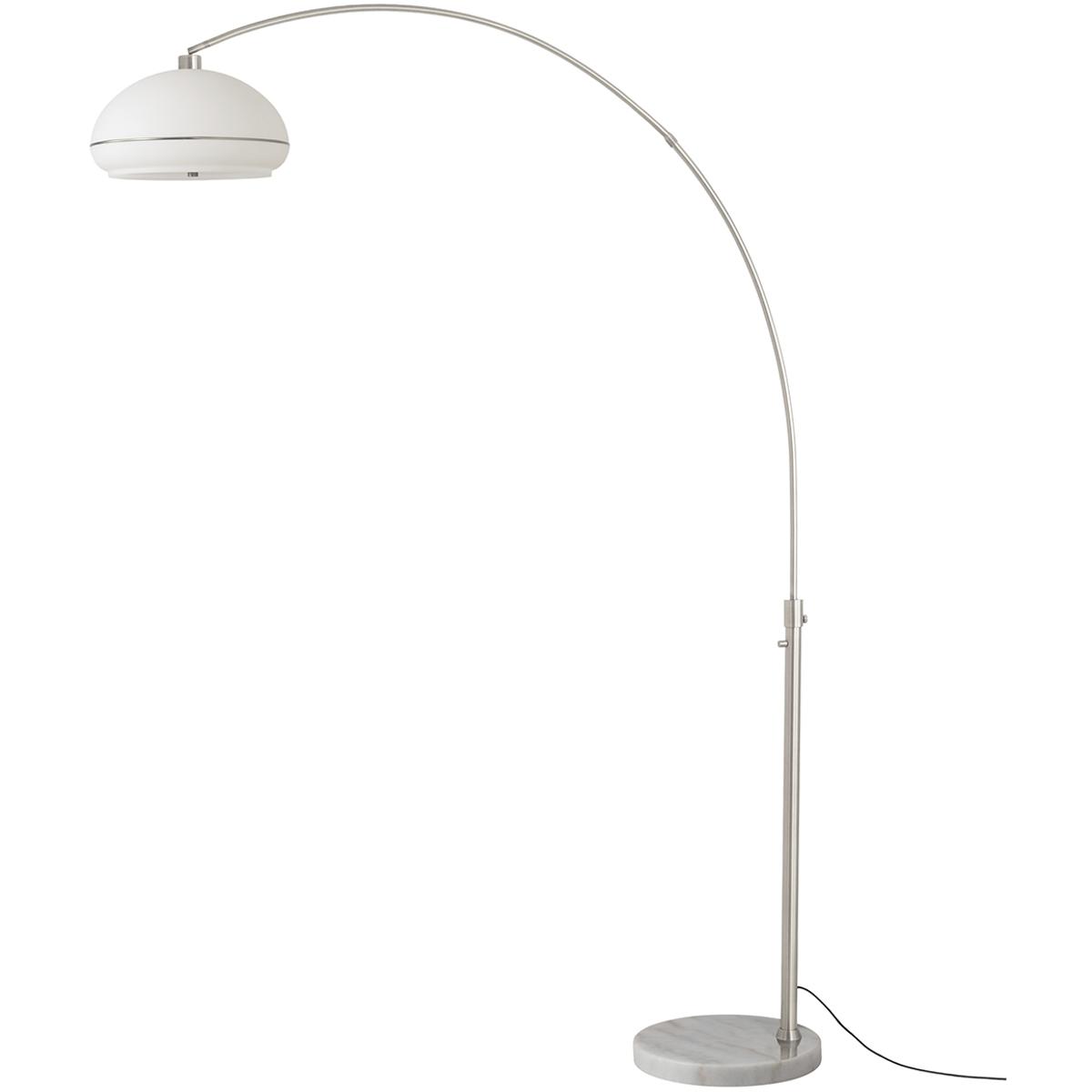 2115822SN 85 in. Simple Morelli 1-Light Arc Lamp with Oval White Lucite Shade - Satin Nickel Steel Body - White Marble Base - Column Stem Switch