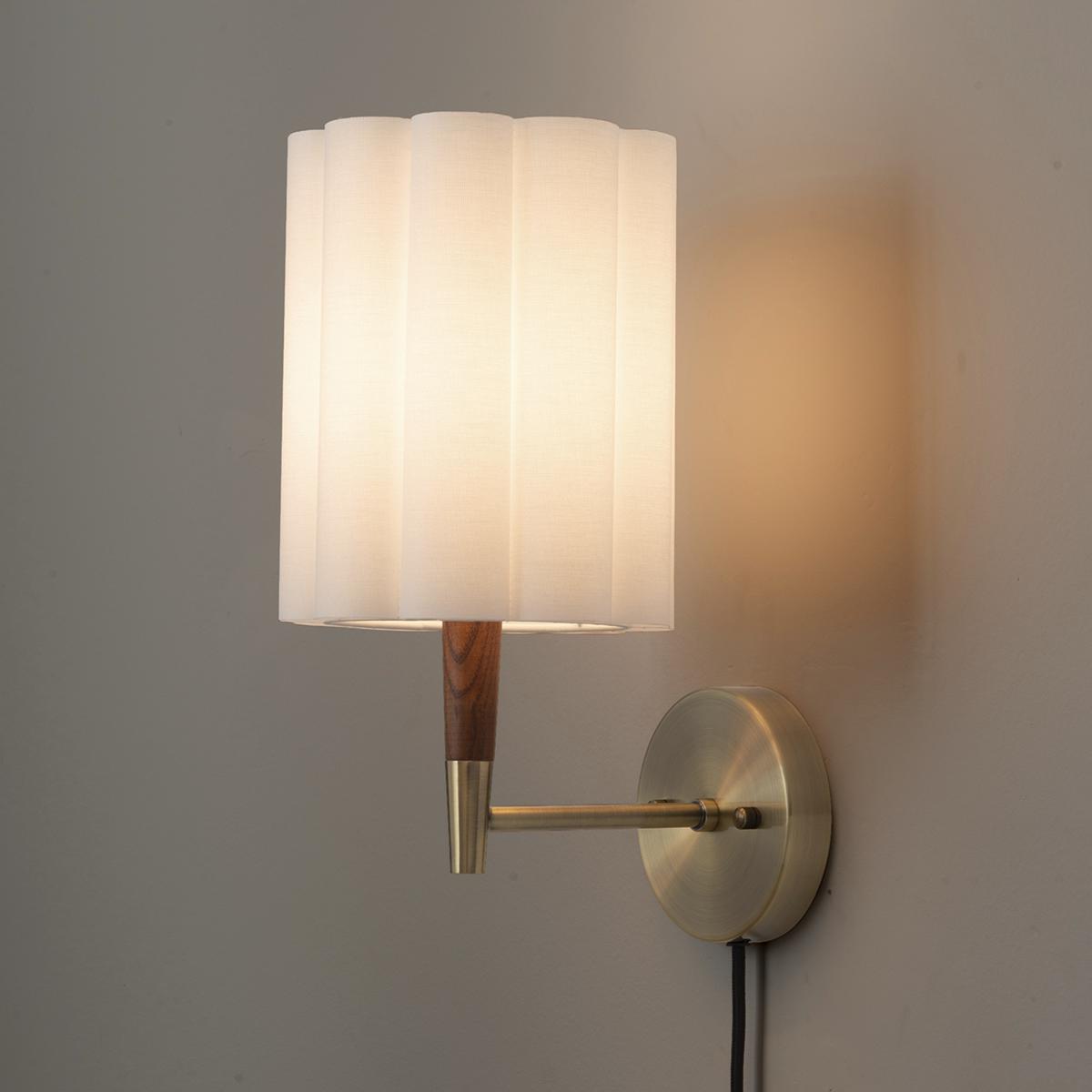 3011802WB Scalloped Wall Sconce - Plug-in - Walnut - Weathered Brass - White Linen - Diffuser - Inline Dimmer, Wood Tones