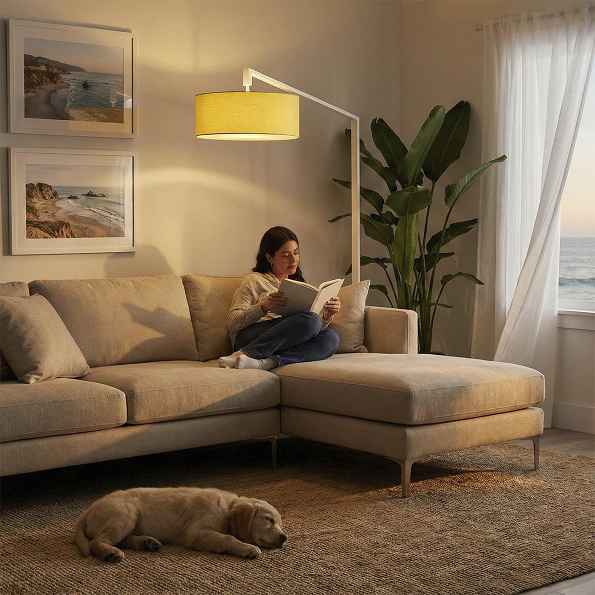 2110927MU 24 x 72 x 75 in. Stretch 1-Light Chairside Arc Floor Lamp with Mustard Linen Shade & White Body