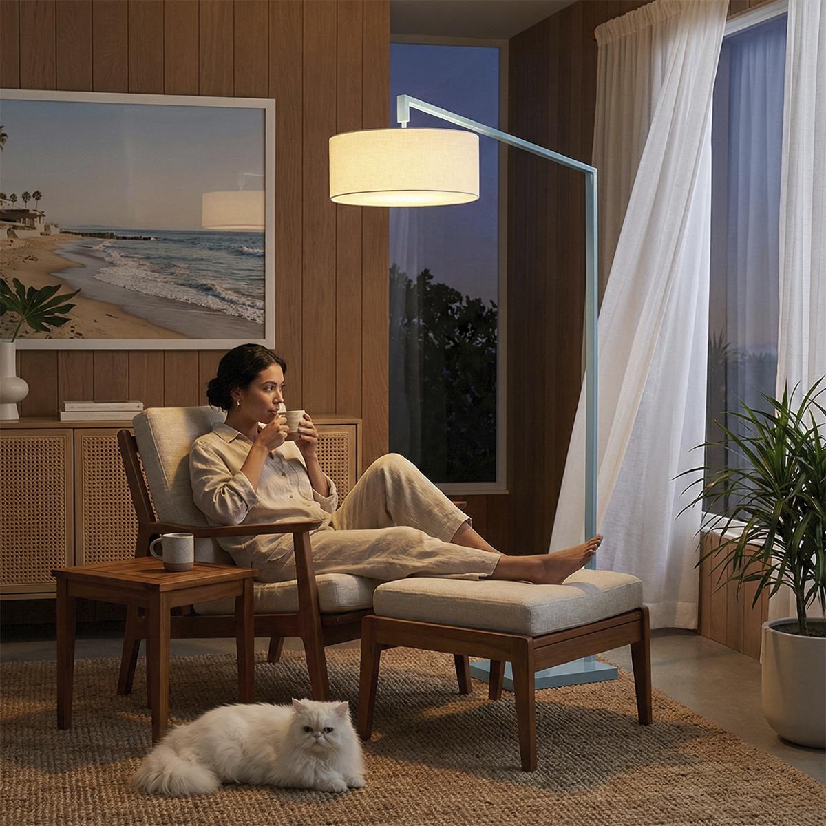 2110930WH 20 x 72 x 75 in. Stretch 1-Light Chairside Arc Floor Lamp with White Linen Shade & Turquoise Body