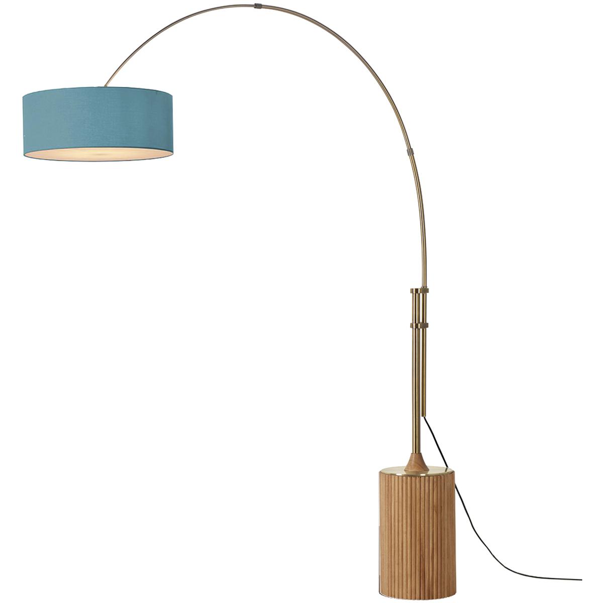 2110839BL 92 in. Tambo 1-Light Arc Lamp - Turquoise Linen Shade - Light Wood Base - Weathered Brass - Dimmable for Living Room or Bedroom