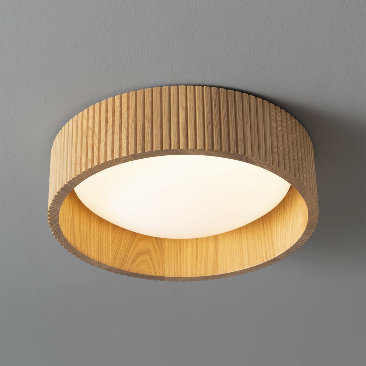 3610832ASH 14 in. Tambo Flush Mount Ceiling Light, Domed Diffuser -Natural Ash - Weathered Brass