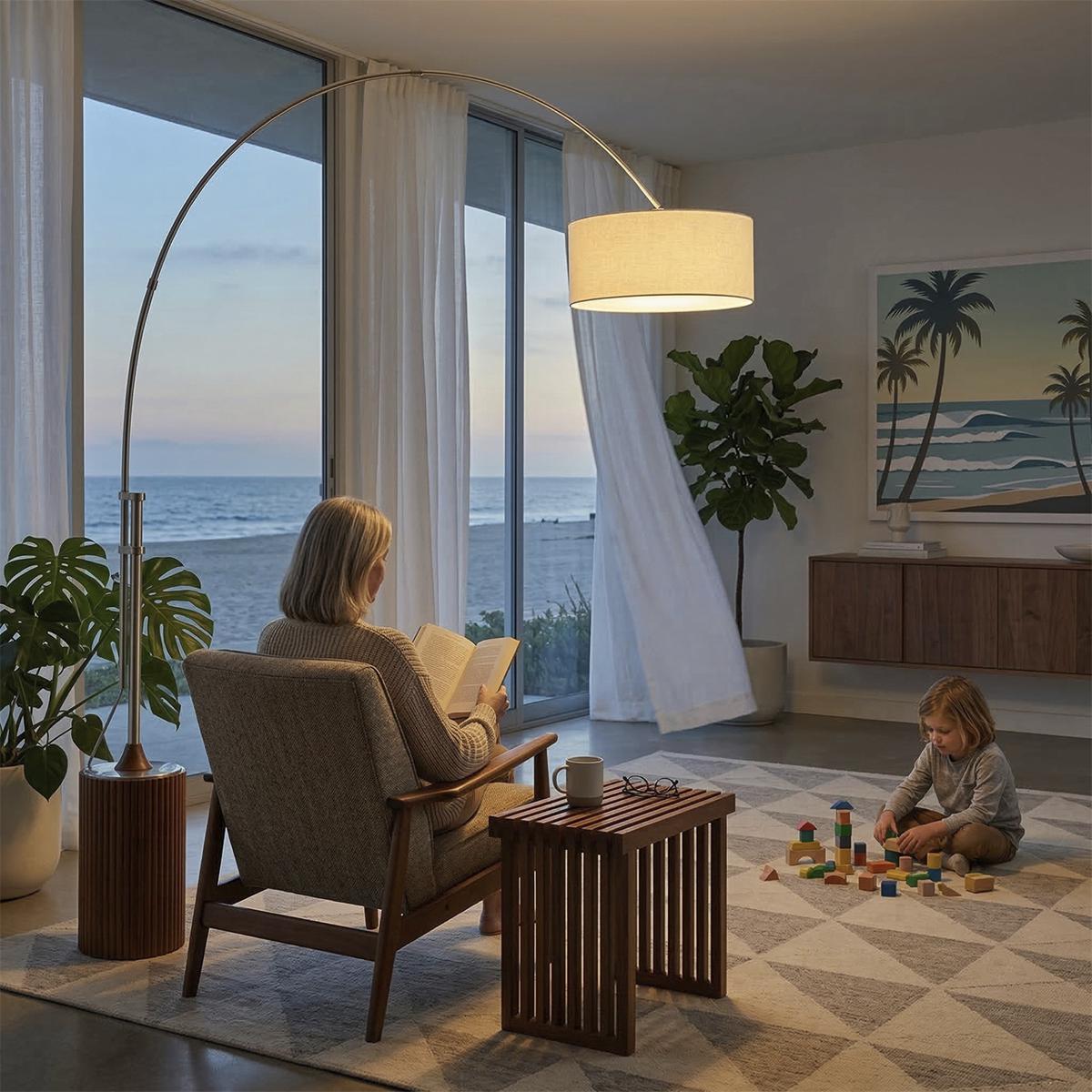 Nova of California 2110833WH Tambo 92 inch 9 watt Satin Nickel and Dark Walnut Arc Floor Lamp Portable Light in White Linen