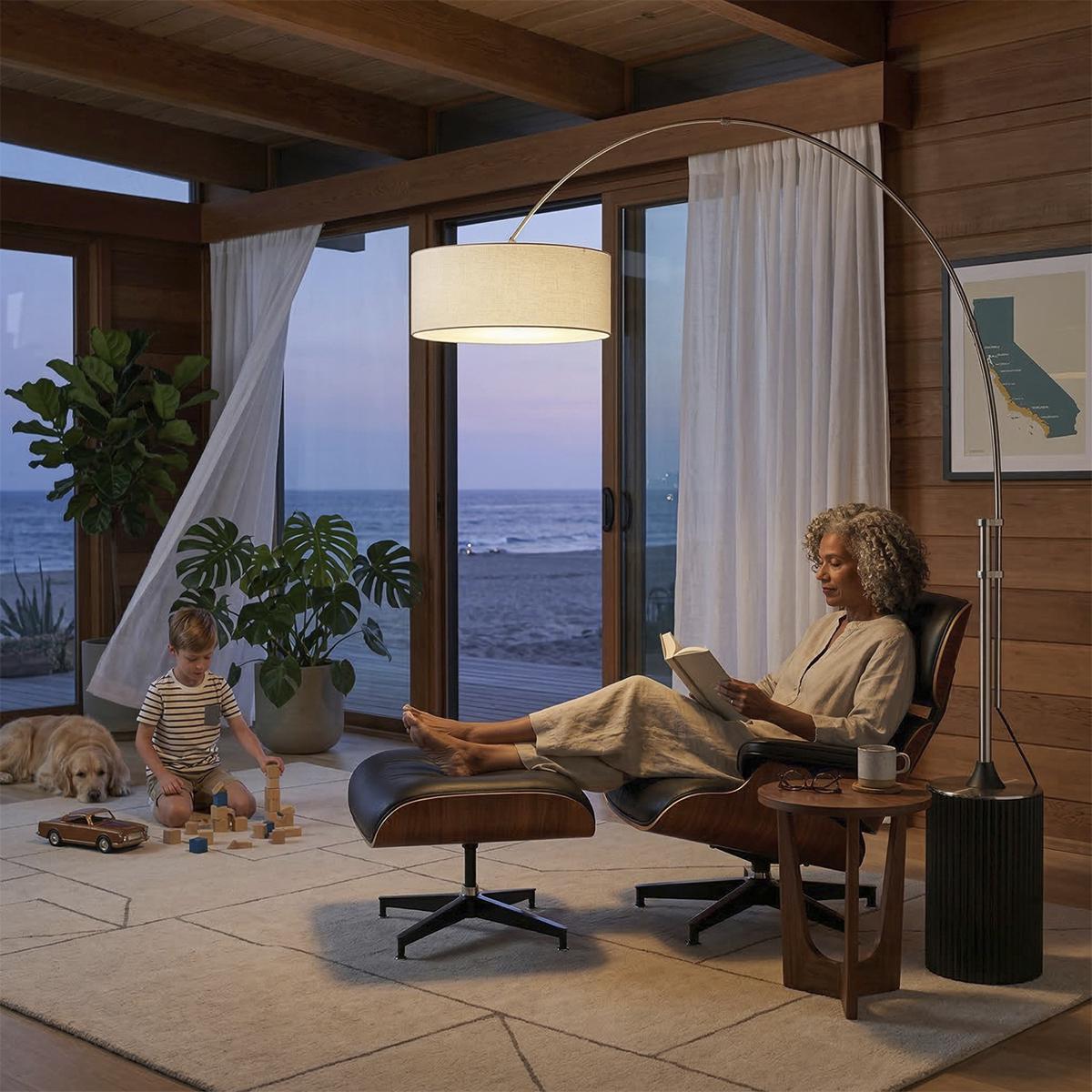 Nova of California 2110834WH Tambo 92 inch 9 watt Satin Nickel and Black Oak Arc Floor Lamp Portable Light in White Linen