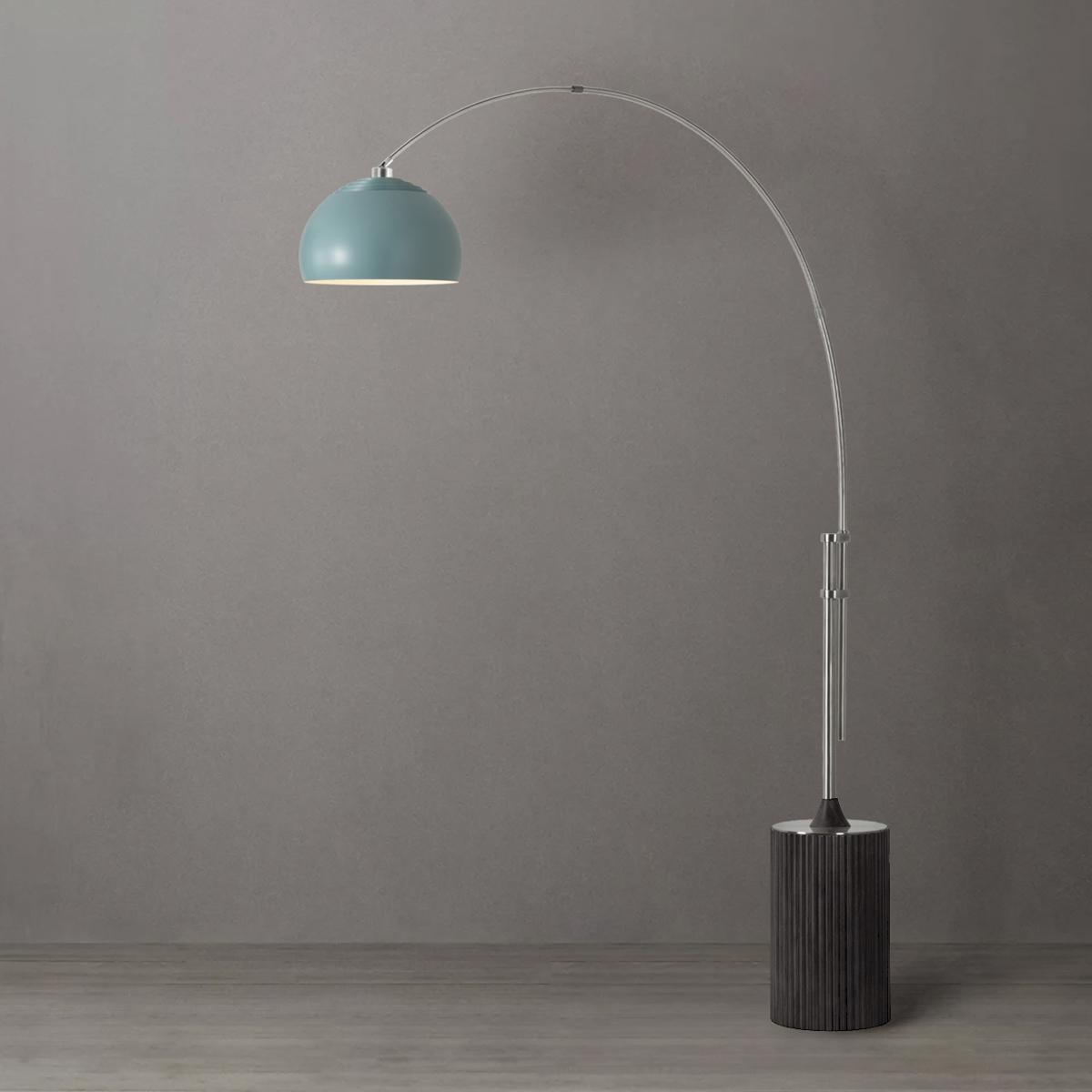 92 in. Tambo Half-Dome 1-Light Arc Lamp with Pool Blue Steel Shade - Satin Nickel Steel Body - Black Oak Wood Base - Floor Foot Slide Dimmer
