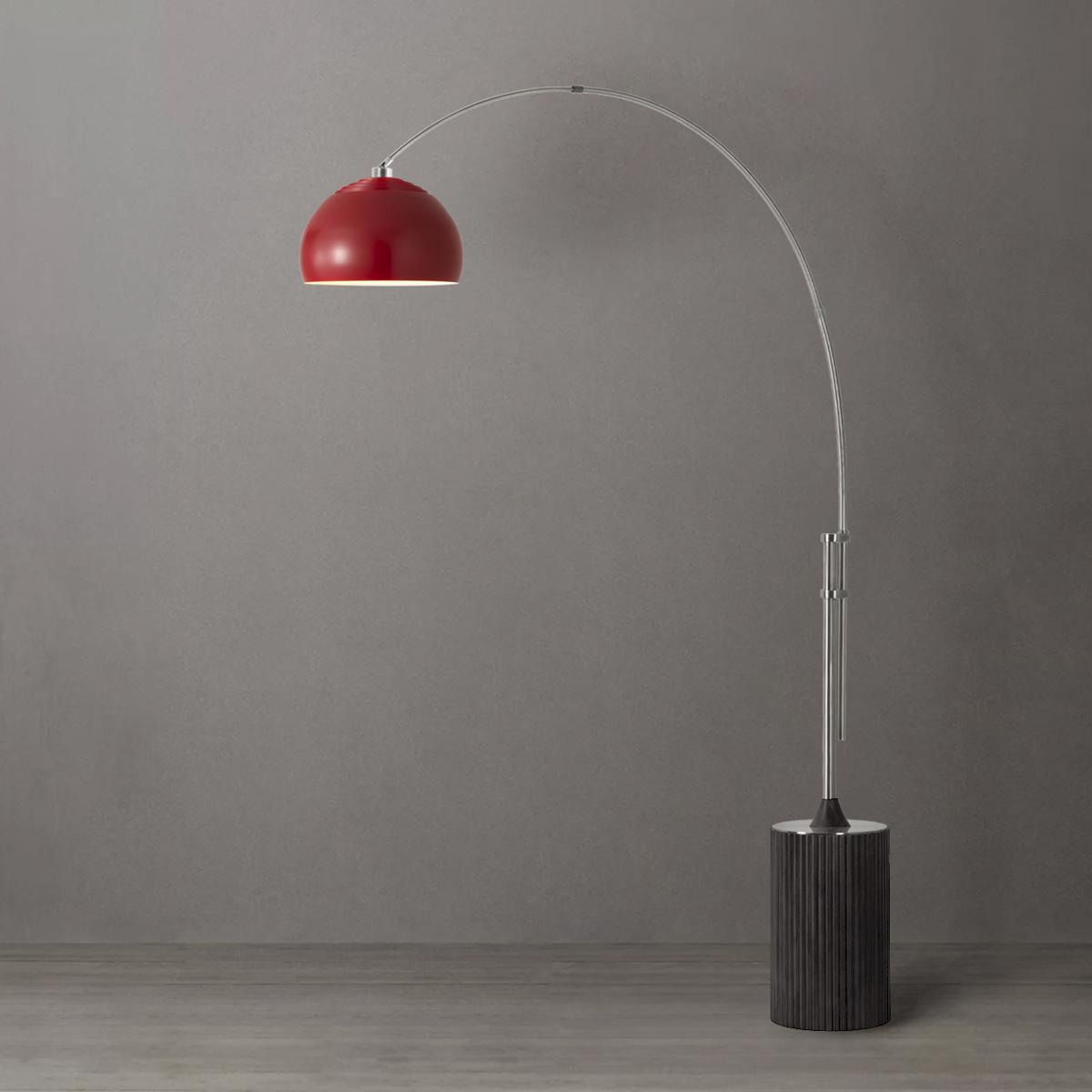 92 in. Tambo Half-Dome 1-Light Arc Lamp with Crimson Red Steel Shade - Satin Nickel Steel Body - Black Oak Wood Base - Floor Foot Slide Dimmer