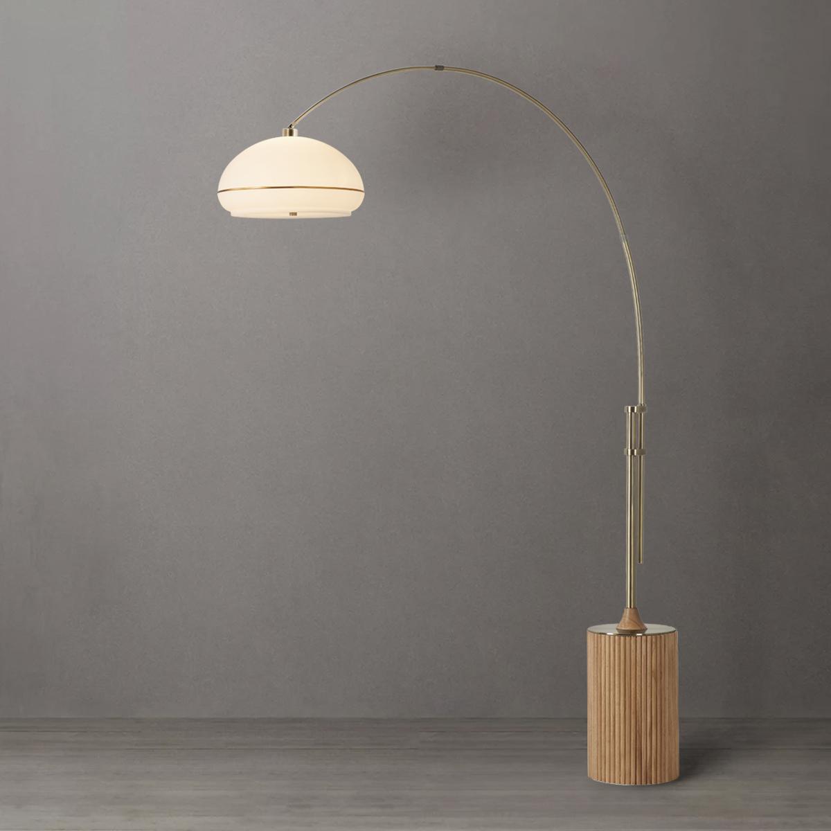 2115839WB 92 in. Tambo Morelli 1-Light Arc Lamp with Weathered Brass Oval Lucite Shade & Body - Natural Ash Wood Base - Floor Foot Slide Dimmer