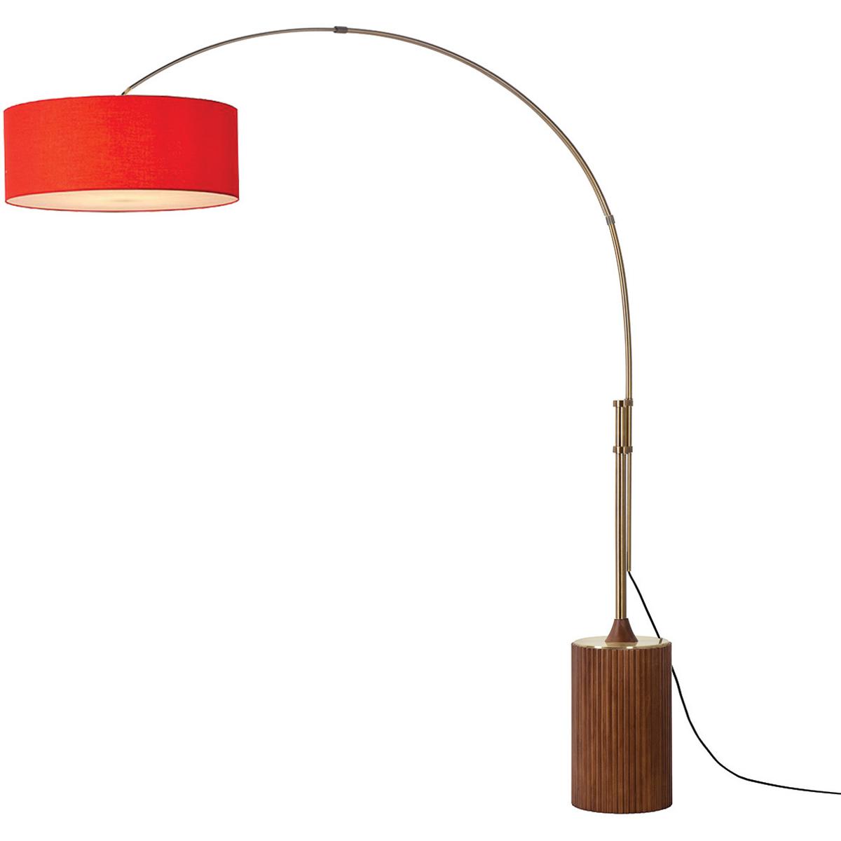 2110832CR 92 in. Tambo Stretch 1-Light Arc Lamp with Drum Crimson Red - Weathered Brass Steel Body - Dark Walnut Wood Base - Floor Foot Slide Dimmer