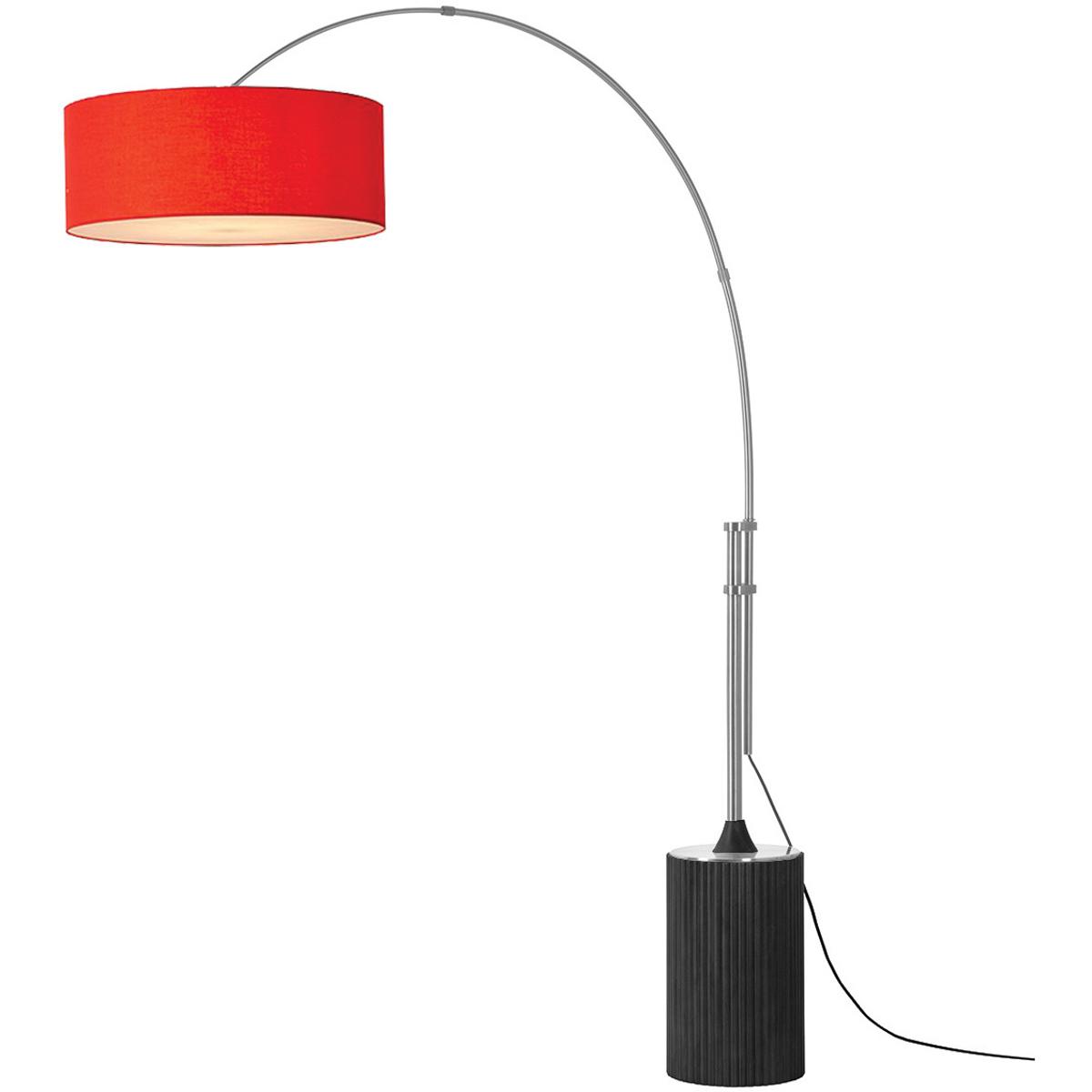 2110834CR 92 in. Tambo Stretch 1-Light Arc Lamp with Drum Crimson Red - Satin Nickel Steel Body - Black Oak Wood Base - Floor Foot Slide Dimmer