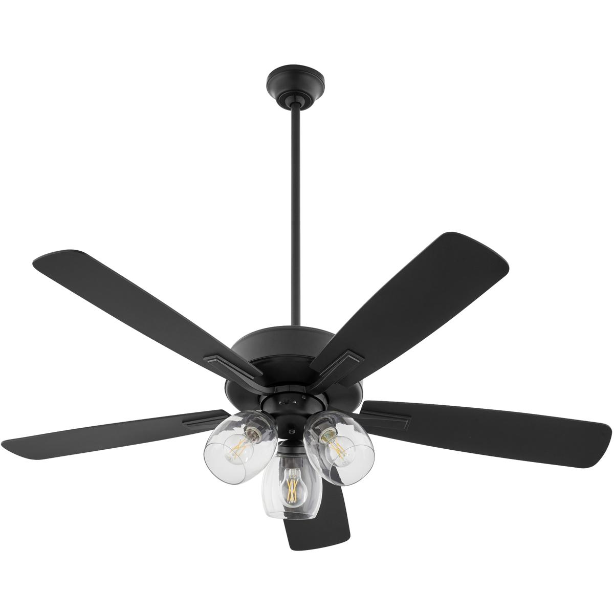 Quorum 4525-03159 Ovation 52 inch Matte Black with Walnut/Matte Black Blades Ceiling Fan in 3 Light Clear Glass Shades