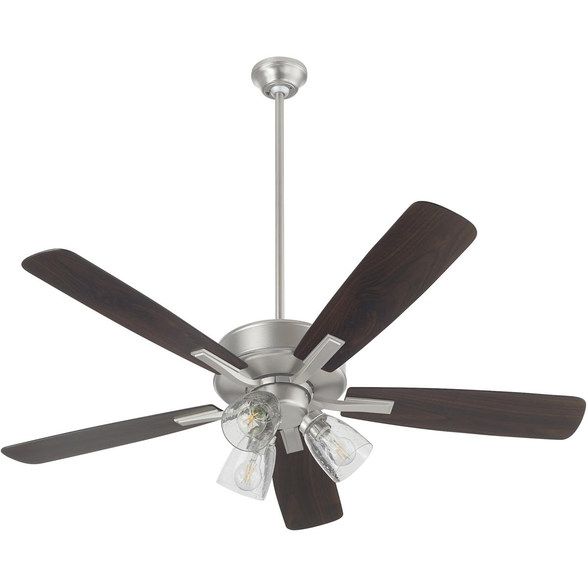 Quorum 4525-23165 Ovation 52 inch Satin Nickel with Silver/Walnut Blades Ceiling Fan in 3 Light Clear Seeded Glass Shades