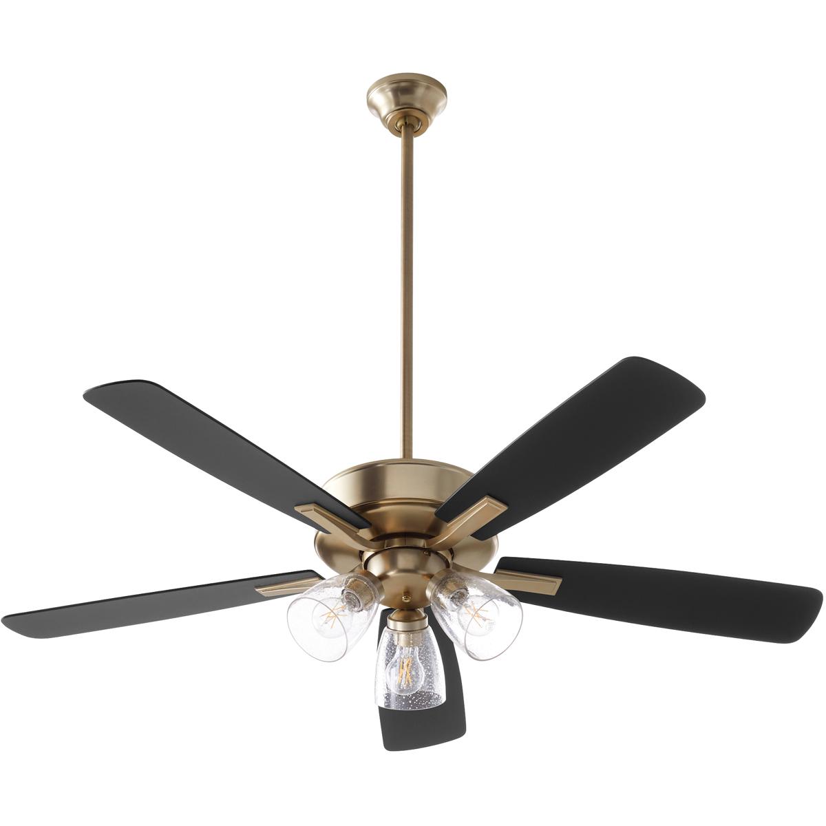 Quorum 4525-2380 Ovation 52 inch Aged Brass with Matte Black/Walnut Blades Ceiling Fan in 3 Light Clear Seeded Glass Shades