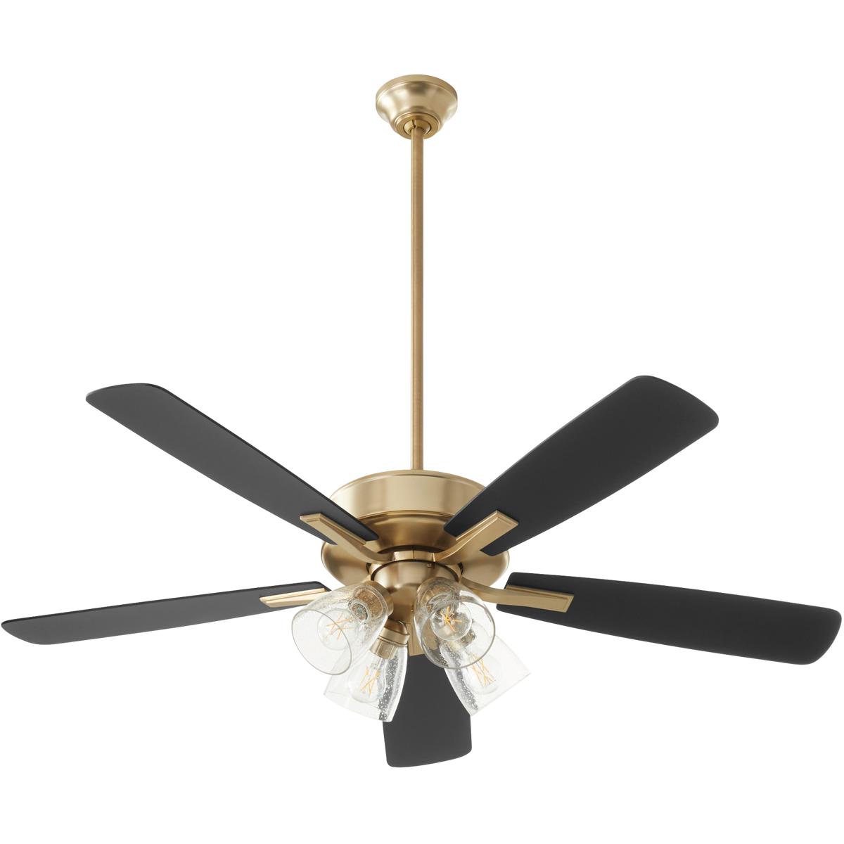 Quorum 4525-2480 Ovation 52 inch Aged Brass with Matte Black/Walnut Blades Ceiling Fan in 4 Light Clear Seeded Glass Shades