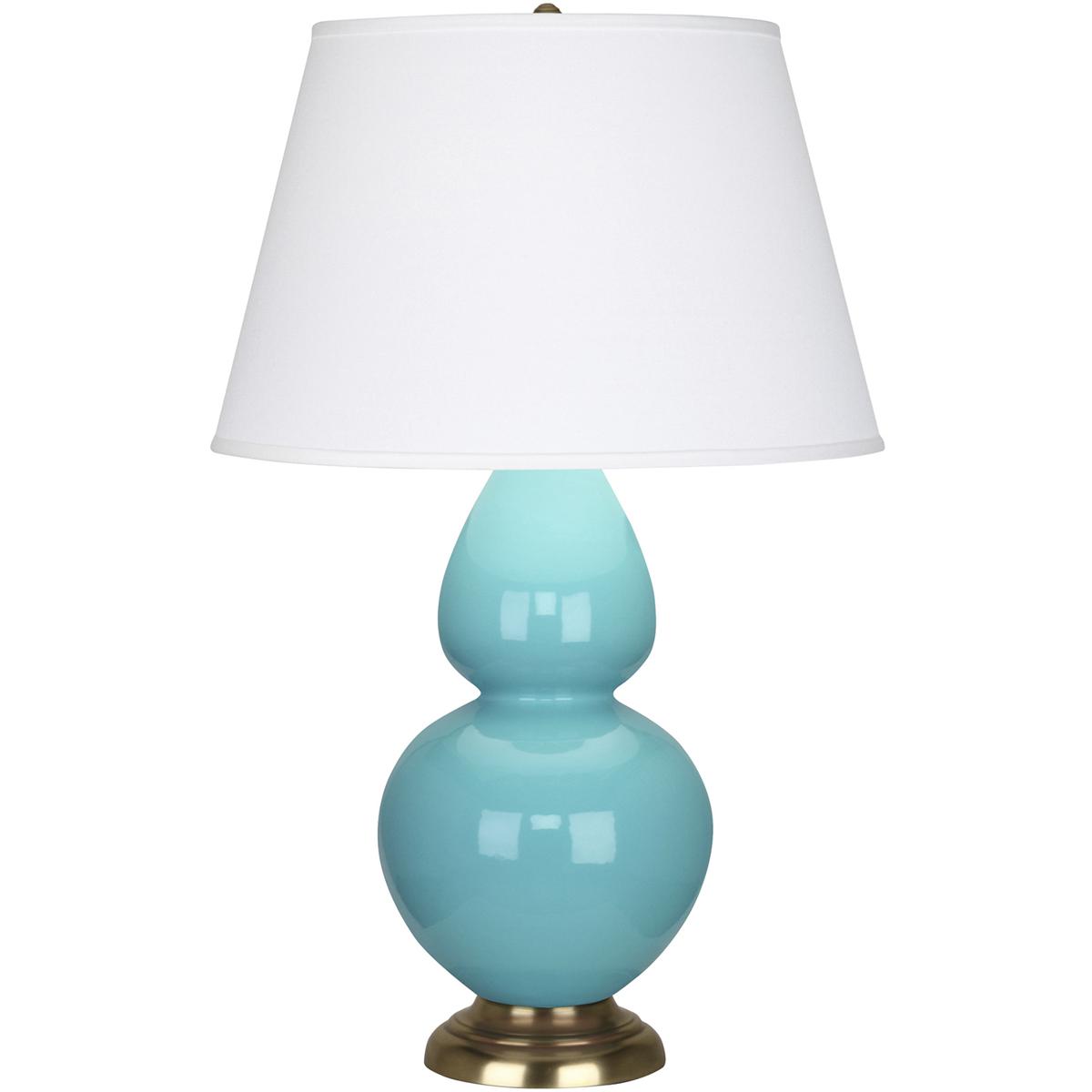 Robert Abbey 1740X Double Gourd 31 inch 150 watt Egg Blue Glazed Ceramic with Antique Natural Brass Table Lamp Portable Light in Pearl Dupioni