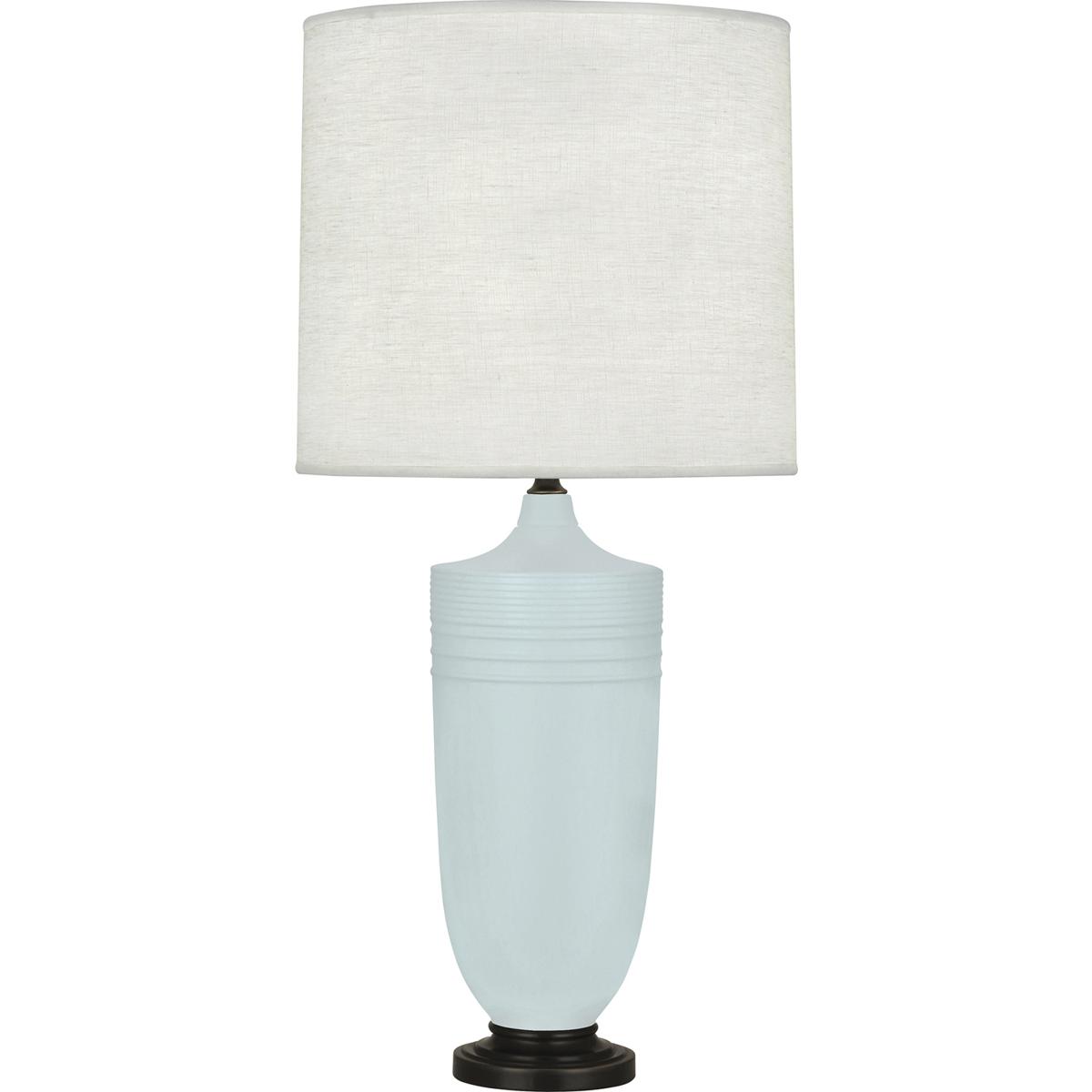 MSB28 Matte Sky Blue Michael Berman Hadrian Table Lamp, Matte Sky Blue Glazed Ceramic with Deep Patina Bronze Accents - 28.75 x 6.13 in.