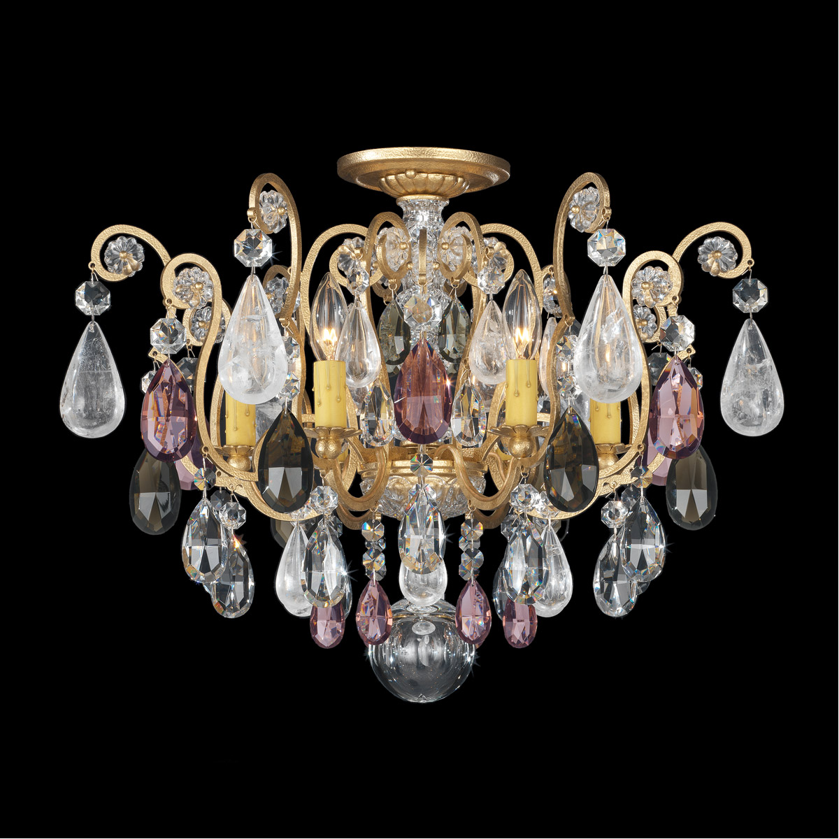 Schonbek 3584-48OS Renaissance Rock Crystal 6 Light Antique Silver Semi-Flush Mount Ceiling Light in Rock Olivine and Smoke