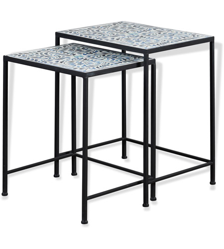 Stylecraft Home Collection Sf225693ds Cameron 22 X 18 Inch Blue And White Patterned Ceramic With Black Steel Side Table Set