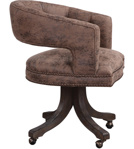 Uttermost 23409 Waylon Distressed Cocoa Brown Fabric and Dark Walnut Swivel Chair 23409-A1.jpg
